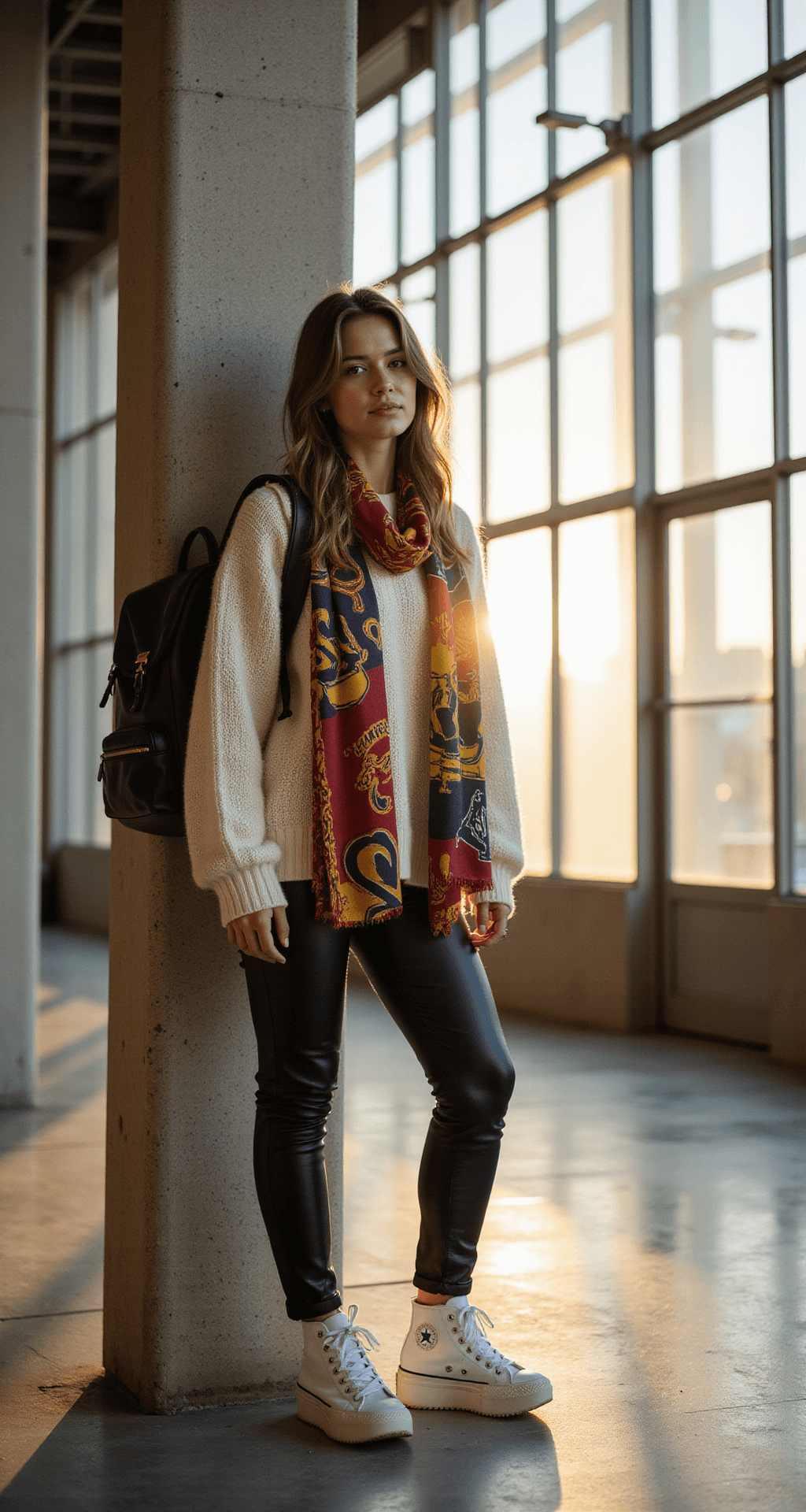 What to Wear to a Basketball Game: The Ultimate Style A model wearing black leather leggings, an oversized cream knit sweater, and platform Converse high-tops casually poses against a concrete pillar in a modern arena concourse, with golden hour light filtering through large windows. A team-colored silk scarf is draped around her neck, and a minimalist black leather backpack rests at her side, all captured in soft natural backlighting.