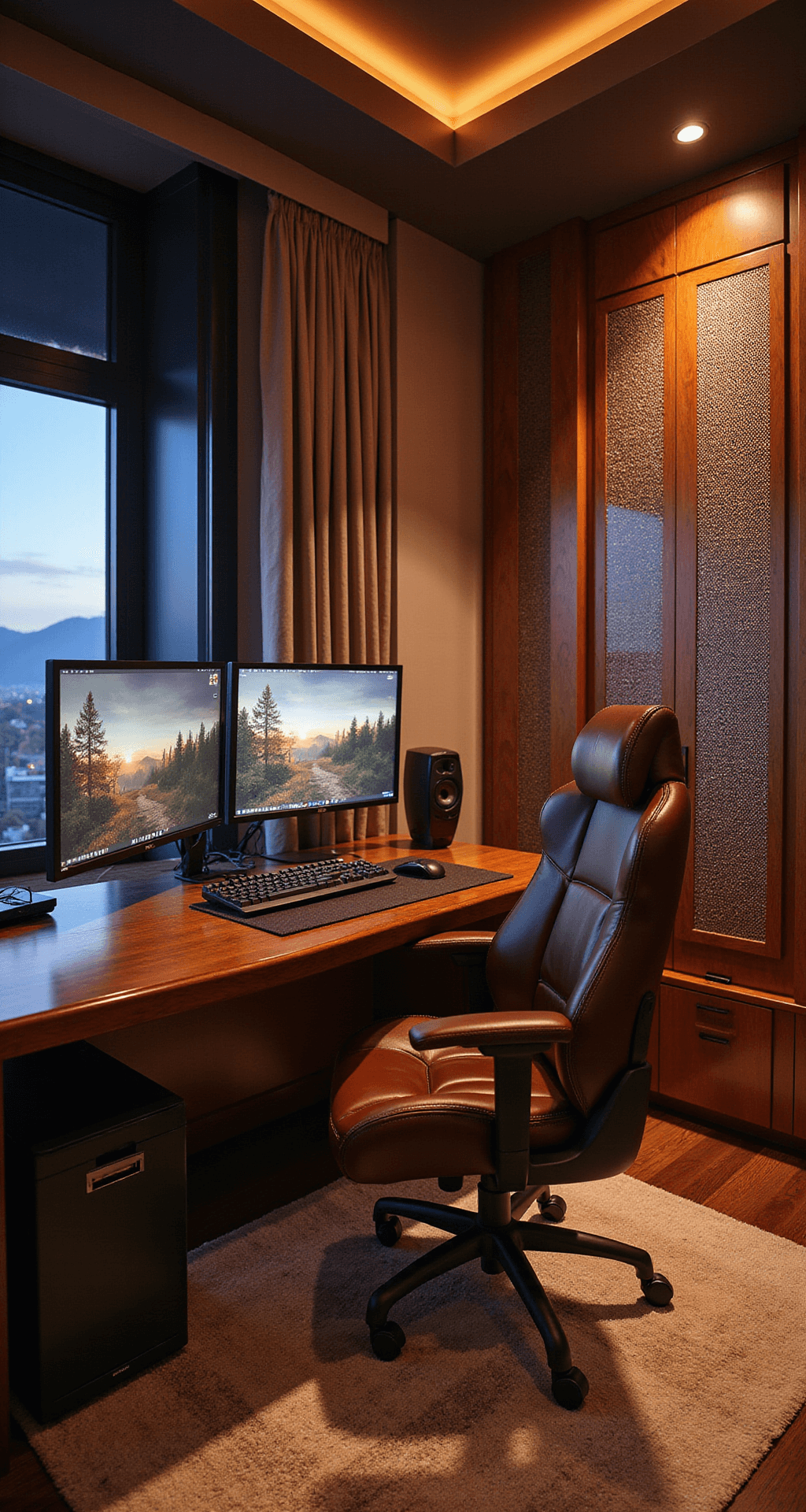 Creating Your Perfect Cozy Gaming Room: A Gamer's Ultimate Guide A luxurious 16x18ft content creator suite at twilight featuring a cognac brown leather gaming chair, a custom-built desk with streaming gear, warm LED lighting, acoustic copper mesh panels, and a gallery wall of gaming achievements and art, all set in an upscale environment with rich browns and metallic accents.