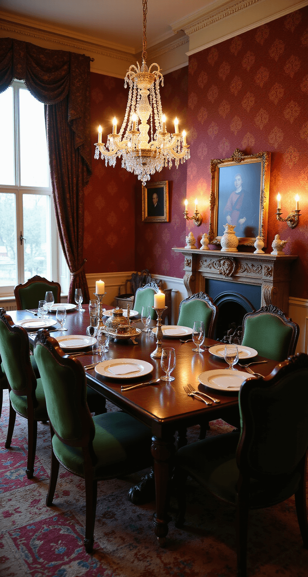 A luxurious Victorian-style dining room with rich burgundy wallpaper, a mahogany table for 12 set with fine china and crystal, surrounded by green velvet chairs, illuminated by candlelight and a chandelier, with ornate curtains and an elegant fireplace displaying porcelain figurines.