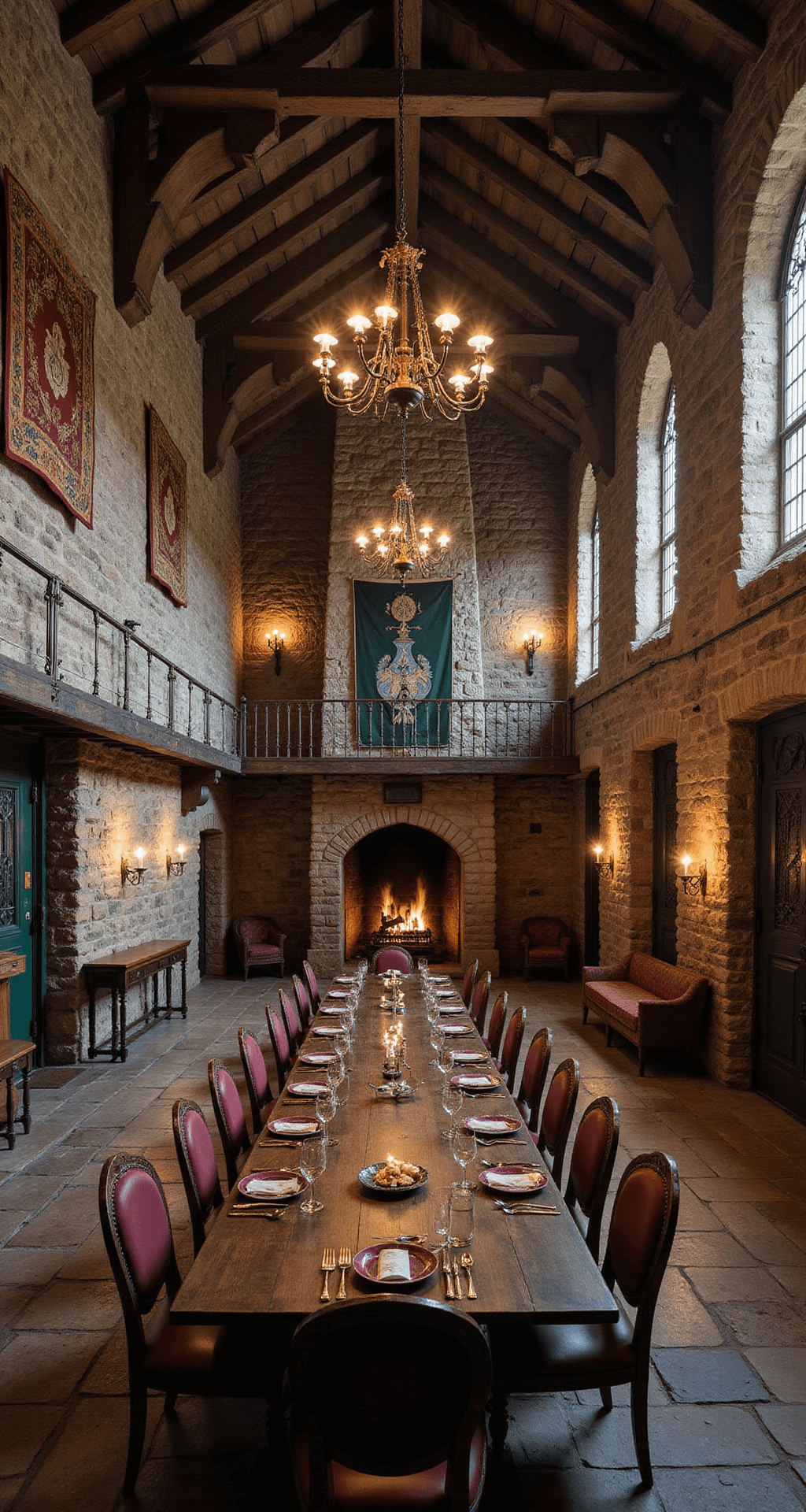 A grand medieval great hall with towering stone walls, dramatic timber trusses, and flickering iron chandeliers. The spacious interior features a long rustic dining table surrounded by high-backed chairs on a flagstone floor, adorned with rich burgundy and deep forest green textiles. Tapestries and shields decorate the walls, with a massive stone fireplace dominating one end. The scene is viewed from a mezzanine level, illuminated by atmospheric candlelight.