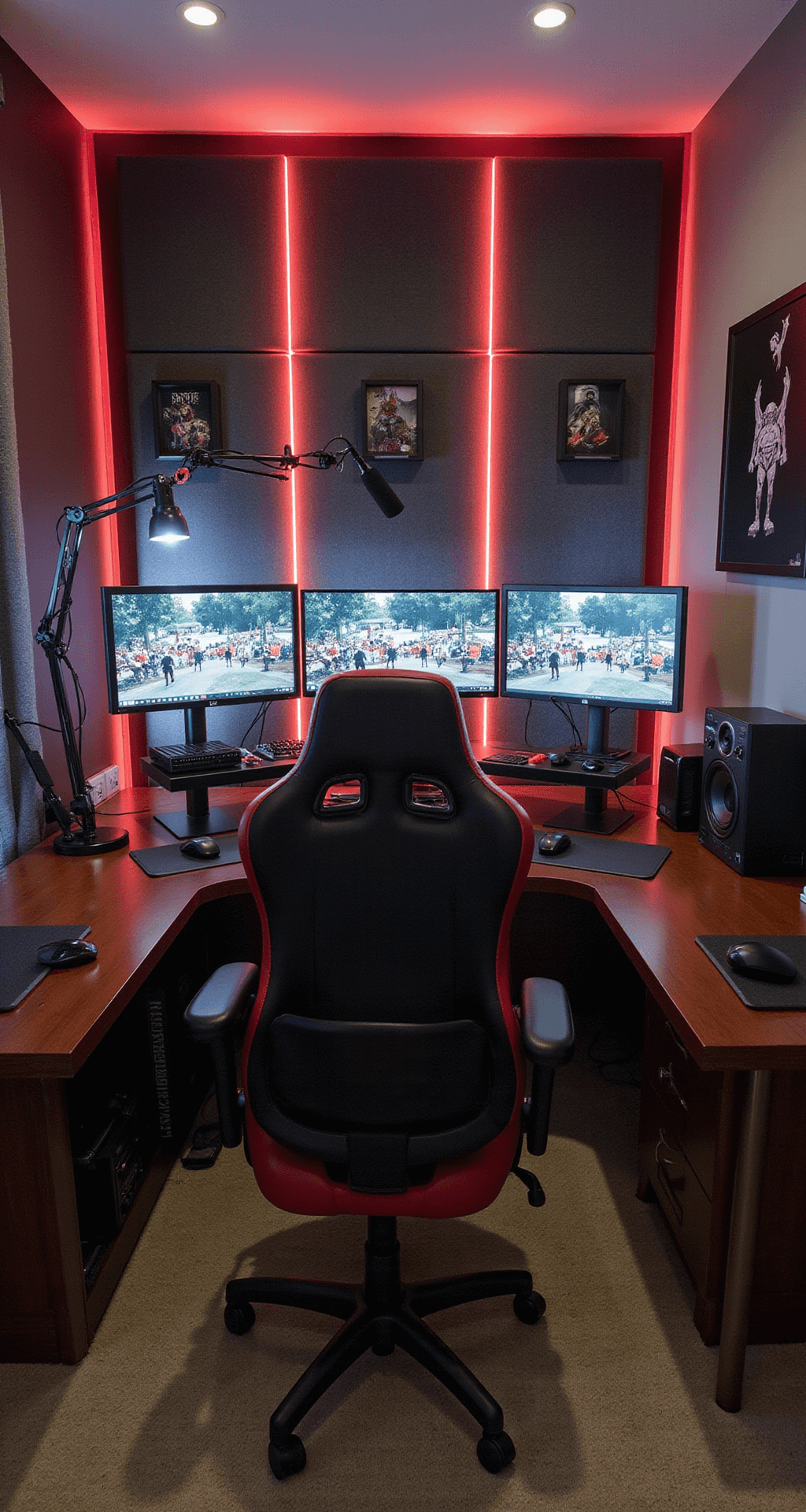 Spacious professional streaming setup at night featuring a custom-built desk with triple monitors, soundproofing panels in charcoal and burgundy, warm white LED lighting, a premium black and red gaming chair, and a high-end microphone arm, captured from above to showcase the complete layout.