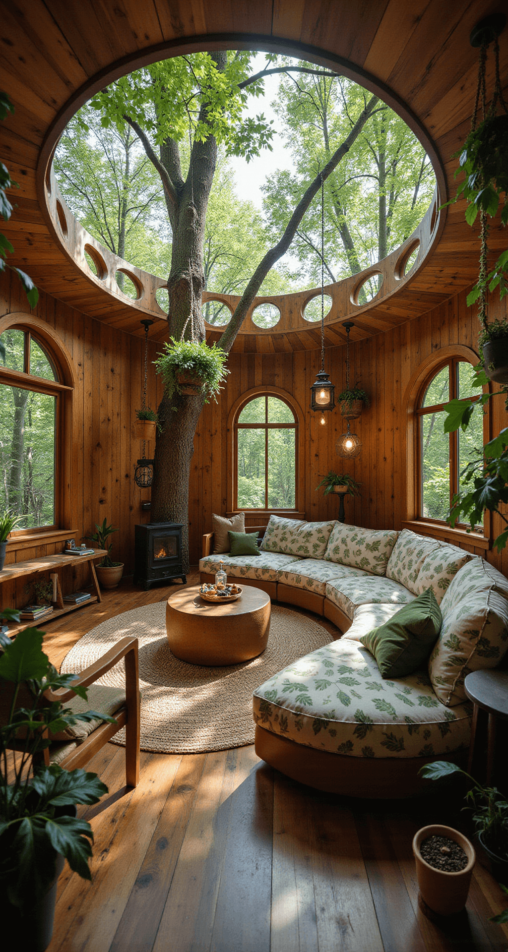 A whimsical treehouse living room with warm wooden curved walls, a leaf-patterned sectional, and dappled sunlight filtering through leaves, featuring hanging plants, lanterns, and a round skylight.