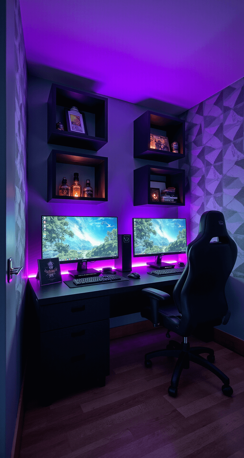 Creating the Ultimate Couple Gaming Room: A Gamer's Guide to Shared Paradise Intimate gaming sanctuary at twilight with his-and-hers L-configured battlestations in contrasting black and white, illuminated by purple and teal accent lighting, showcasing custom PCs, collectibles on floating shelves, and geometric acoustic panels, all highlighted by deep shadows and rim lighting.