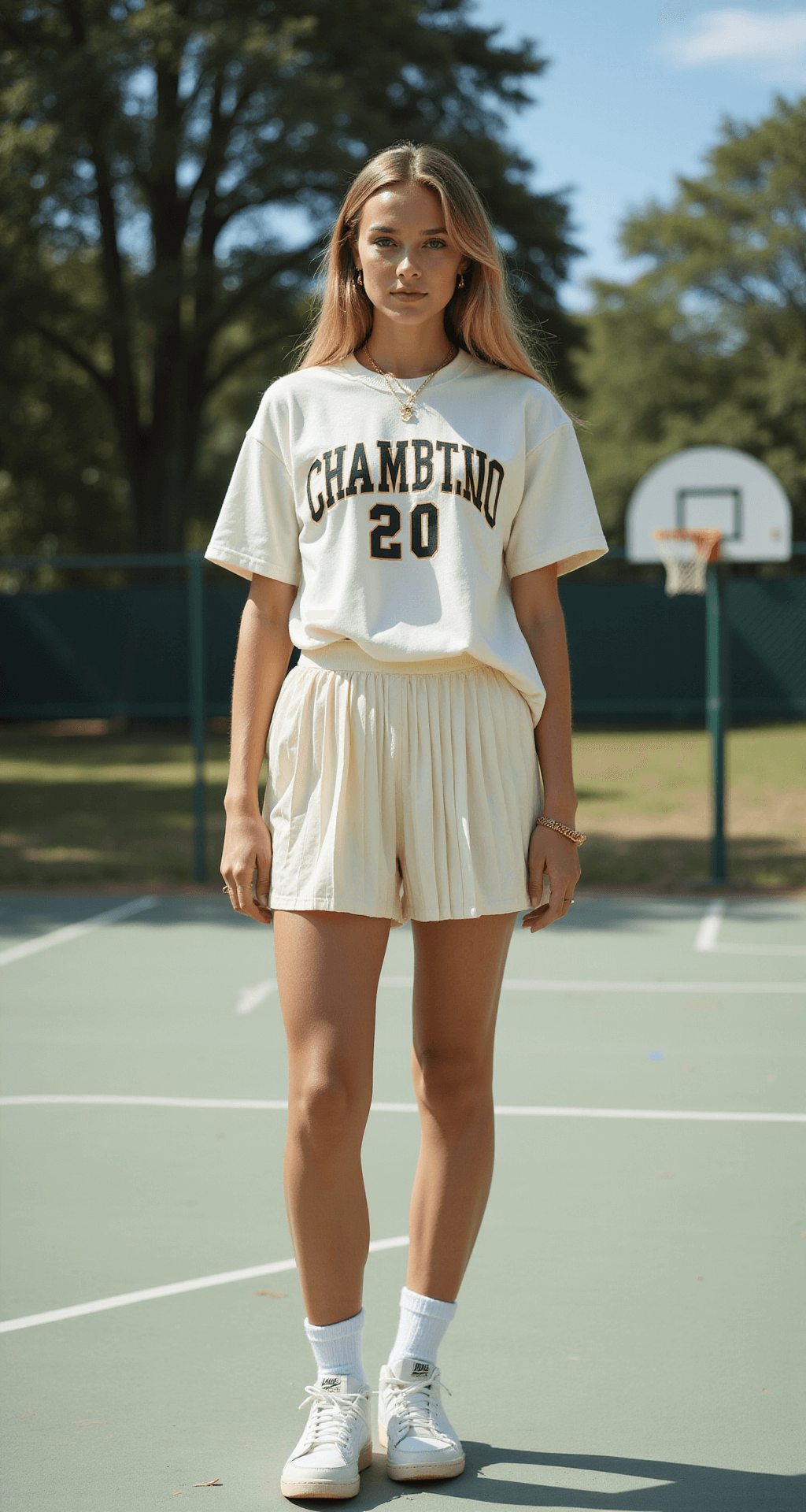 What to Wear to a Basketball Game: The Ultimate Style A model stands on a sunny outdoor basketball court, wearing a cream pleated mini skirt and an oversized distressed team tee. Clean white athletic socks and retro Nike blazer mid-tops complete the outfit, while gold minimal jewelry catches the sunlight. The image has a shallow depth of field, emphasizing the outfit details amidst beautiful shadows.
