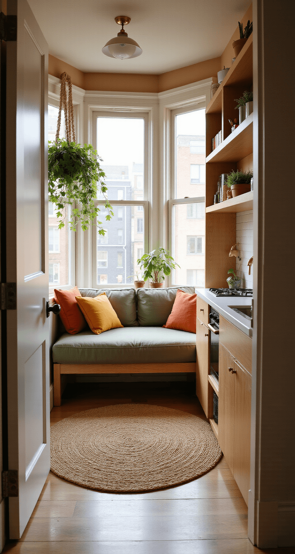 Interior of a cozy 10x10ft room with warm afternoon light, featuring a sage green sofa bed, light oak shelving, a kitchenette with white subway tiles, and earthy decor with terracotta and mustard accents, anchored by a round jute rug and adorned with macramé plant hangers.
