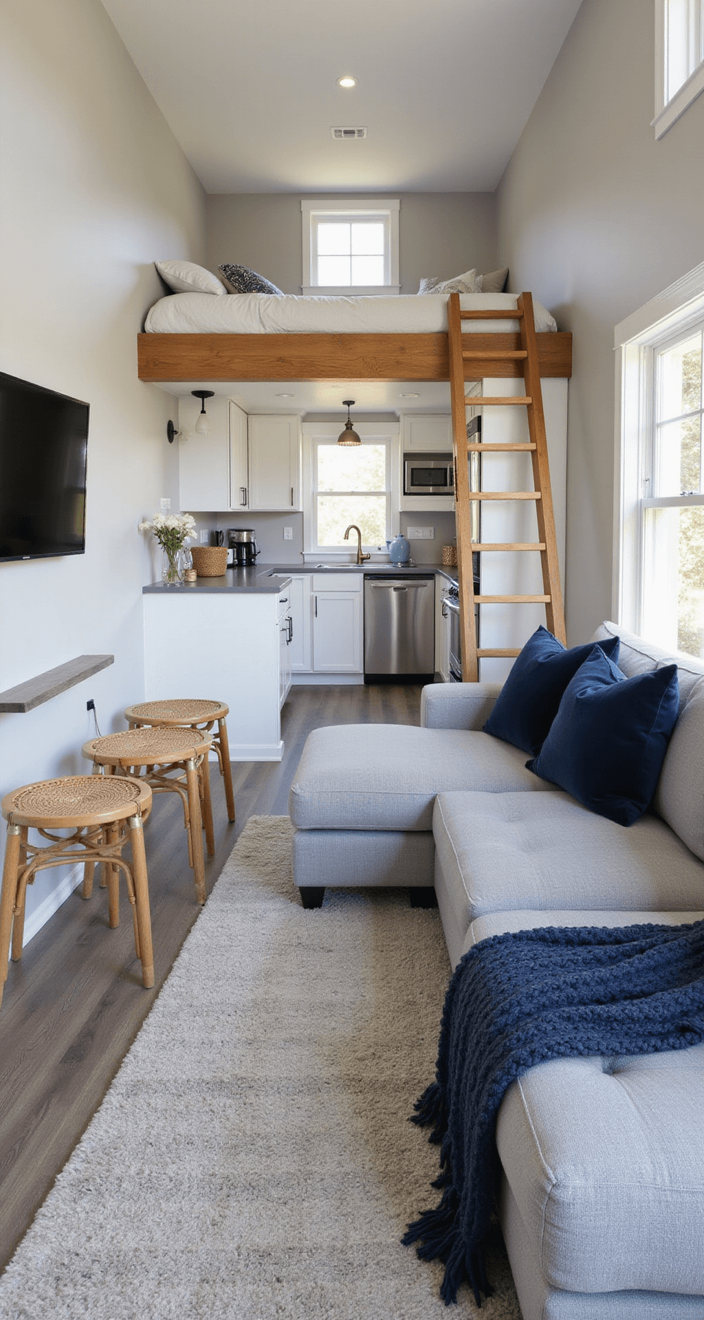 A bright, airy living area in 'The 8K Starter Sensation,' featuring a grey sectional sofa, wall-mounted TV, kitchenette with white cabinets, and loft bedroom access, all adorned with navy and brass accents and cozy textures.