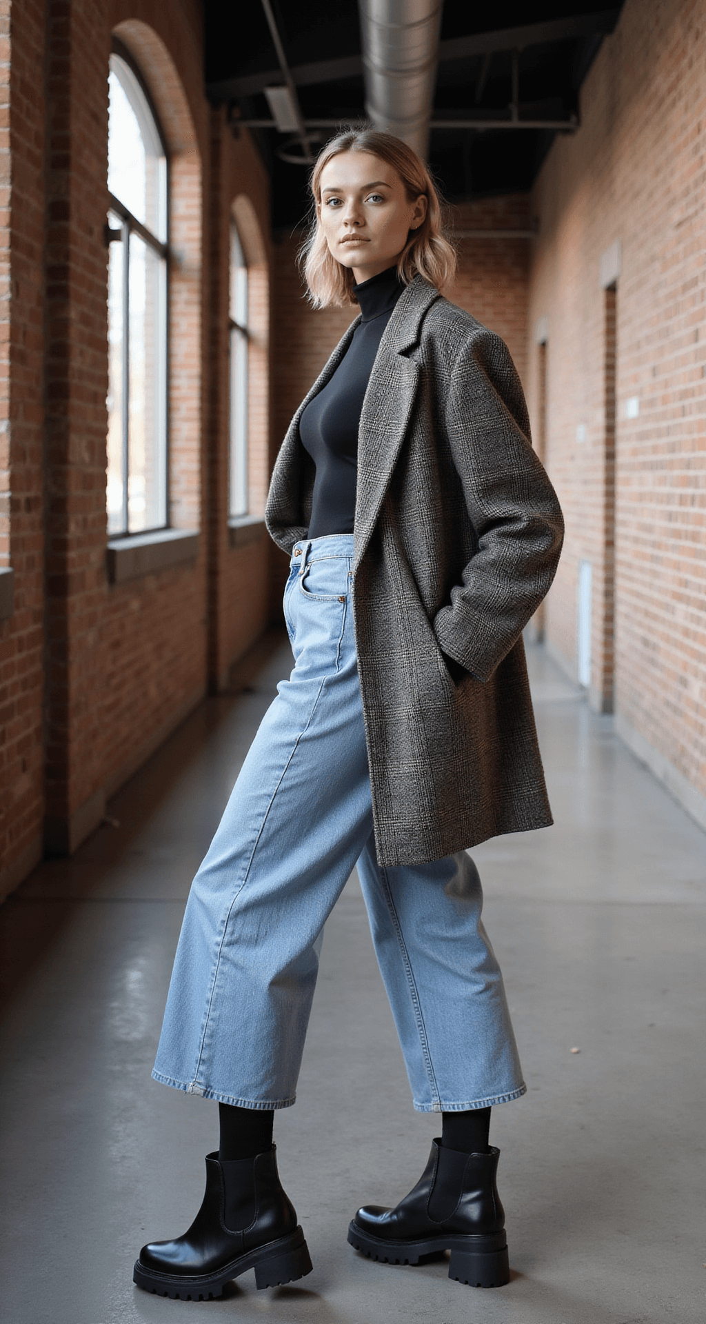 What to Wear to a Basketball Game: The Ultimate Style A stylish figure in a black turtleneck bodysuit and oversized gray and cream checked blazer, paired with high-waisted wide-leg jeans and chunky black Chelsea boots, is captured from behind in an industrial-chic arena hallway with exposed brick walls. The subject is turning, showcasing movement and layers, with dynamic shadows created by mixed lighting.