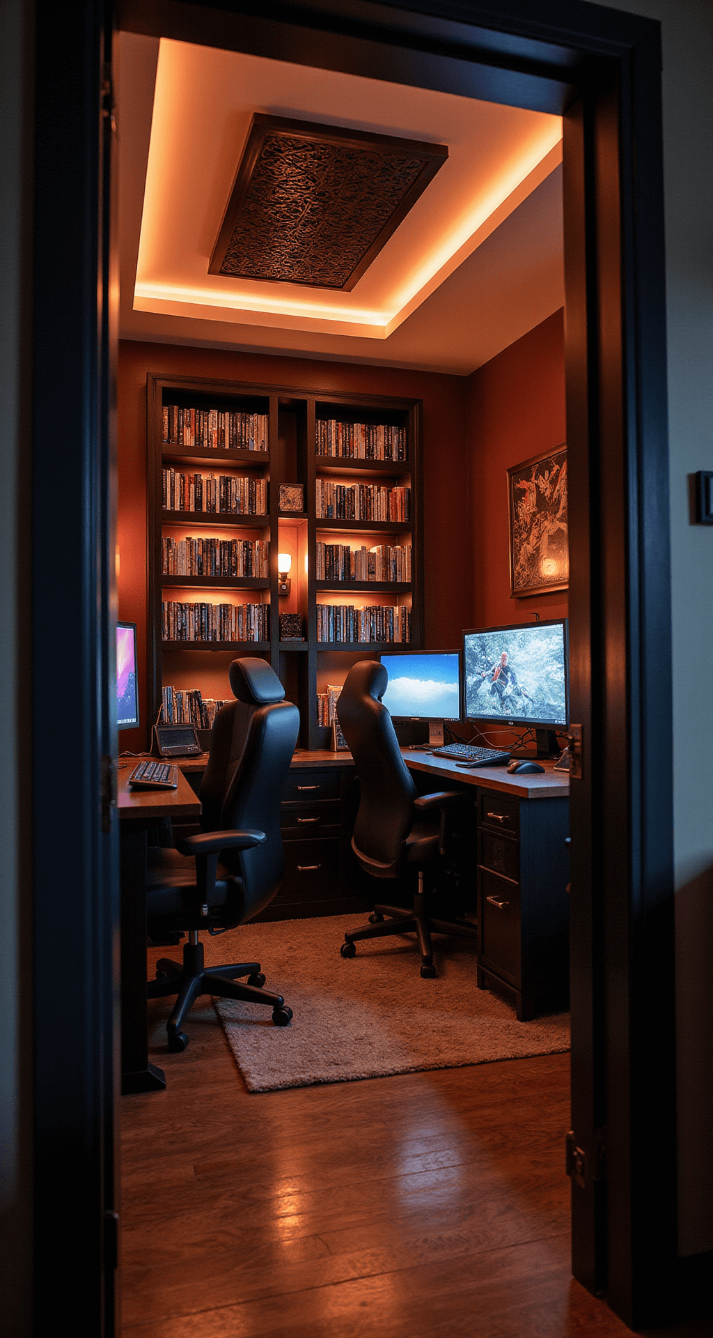 Creating the Ultimate Couple Gaming Room: A Gamer's Guide to Shared Paradise A cozy midnight gaming den with a geometric LED accent wall, two custom watercooled PCs, and a backlit bookshelf separating gaming stations, all illuminated with dramatic lighting in a warm copper and deep navy color palette, viewed through a doorway.
