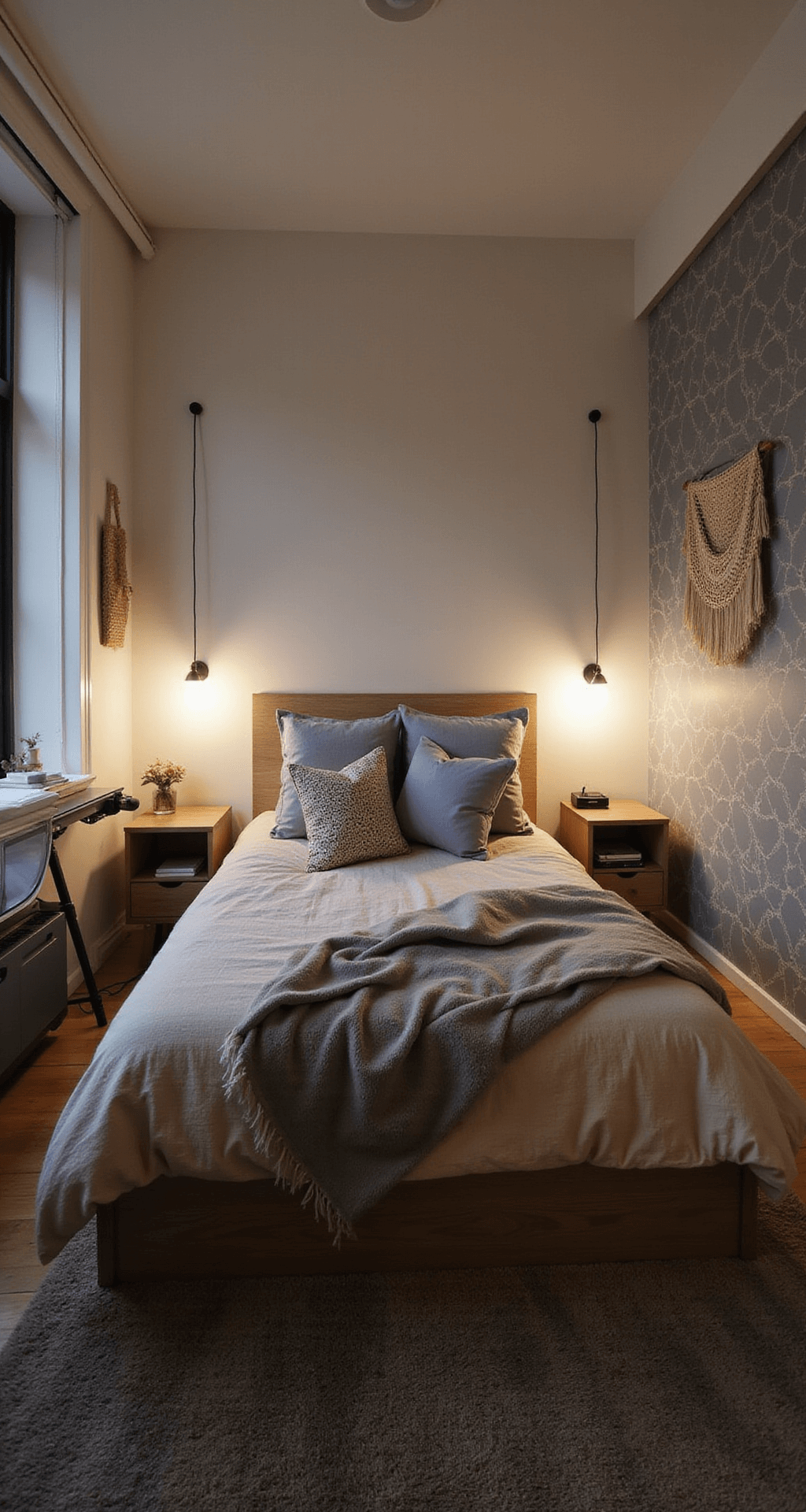 A cozy 8x10ft bedroom at dusk with warm bedside lamps illuminating a queen-size platform bed with built-in storage, dressed in oatmeal and dusty blue linens. Floating nightstands are on either side of the bed, and a compact workspace is situated by the window. The wallpaper features a subtle grey geometric pattern, while a plush carpet, faux fur throw, and woven wall hanging enhance the snug atmosphere. The camera captures the scene from the corner at a slight downward angle, emphasizing the intimate, restful ambiance.