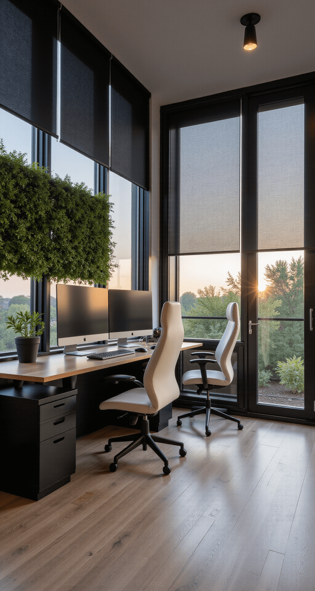 Creating the Ultimate Couple Gaming Room: A Gamer's Guide to Shared Paradise A modern gaming studio measuring 16x18 feet at dawn, featuring floor-to-ceiling windows with automated blackout blinds, a floating desk with hidden cable management, cream Herman Miller gaming chairs, pale wood floors, matte black furniture, and a living wall, captured from above to highlight the spatial planning and cable-free aesthetic.