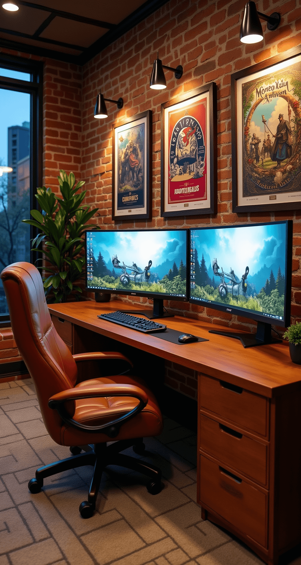Creating the Ultimate Couple Gaming Room: A Gamer's Guide to Shared Paradise A rustic-modern gaming retreat featuring an exposed brick accent wall with ultrawide displays, a custom wooden desk with cable channels, vintage gaming posters in floating frames, and warm leather gaming chairs, all captured at dusk from a dutch angle to highlight the architectural details.