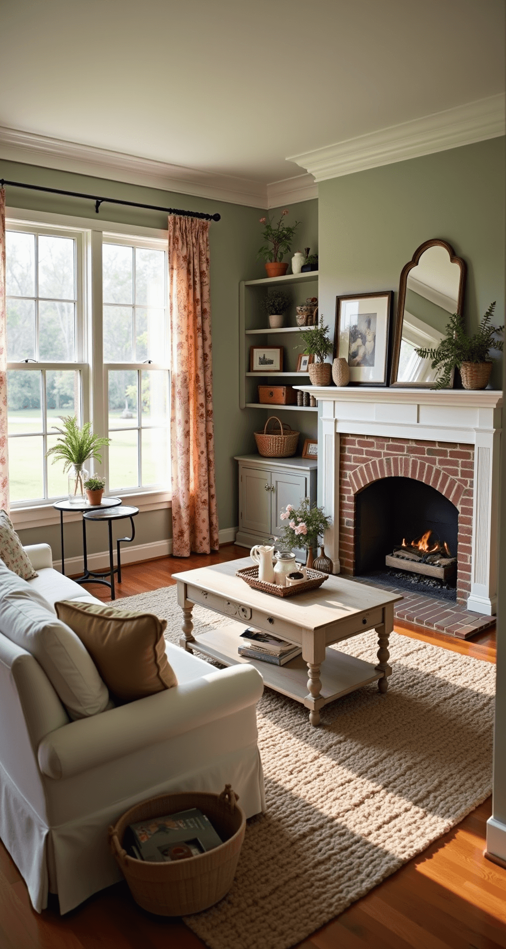 A cozy living room featuring a cream linen roll-arm sofa, a brick fireplace with a weathered wood mantel, and floral curtains framing large windows. A distressed farmhouse coffee table is centered, with shelving units displaying vintage items and family photos. The space is illuminated by warm golden hour light, showcasing a soft color palette of muted pinks, sage green, and rust, all against rustic hardwood floors with a braided area rug.
