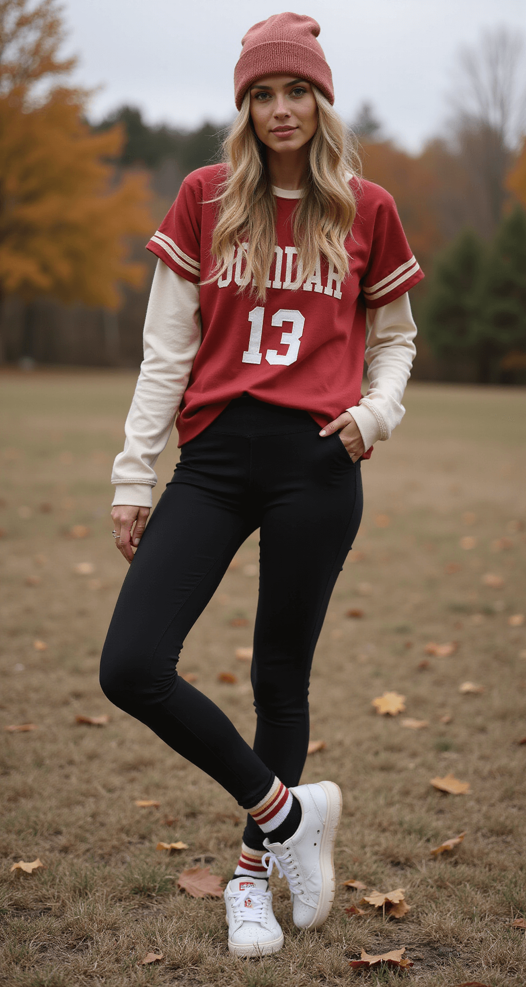 The Perfect Soccer Game Outfit: Look Amazing While Cheering on Your Team! A cozy fall tailgating scene featuring a model in a vintage soccer jersey layered over a cream thermal henley, paired with black high-waist athletic leggings and chunky white sneakers with team-colored socks. She wears a matching knit beanie, with loose waves of hair visible, all set against a backdrop of vibrant fall foliage in soft overcast lighting.