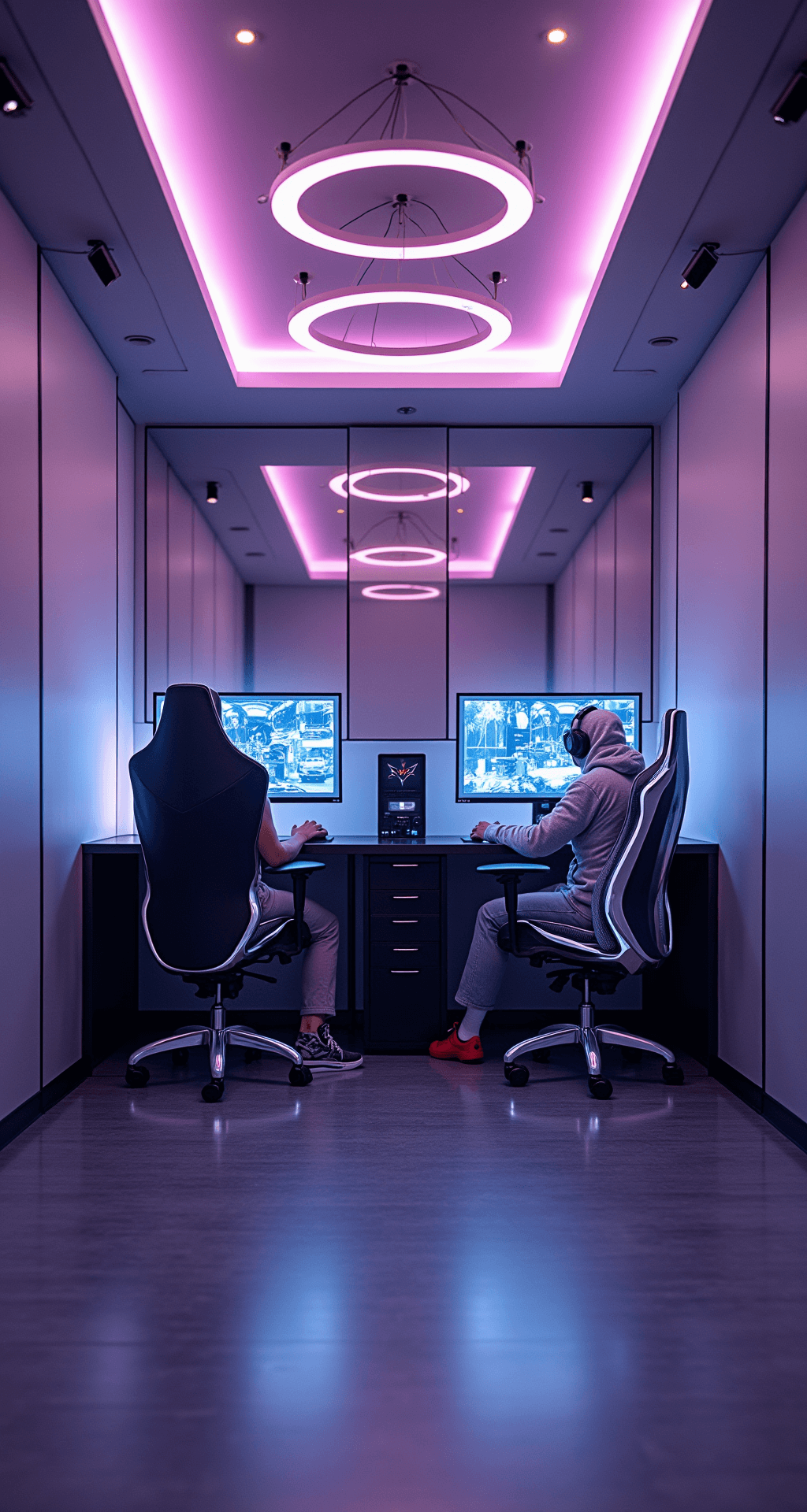 Creating the Ultimate Couple Gaming Room: A Gamer's Guide to Shared Paradise Futuristic gaming arena featuring a glass partition between a casual lounge and competitive setup, with suspended LED rings for adjustable lighting, custom-built PC cases with infinity mirrors, and a chrome and white color scheme accented by electric purple.