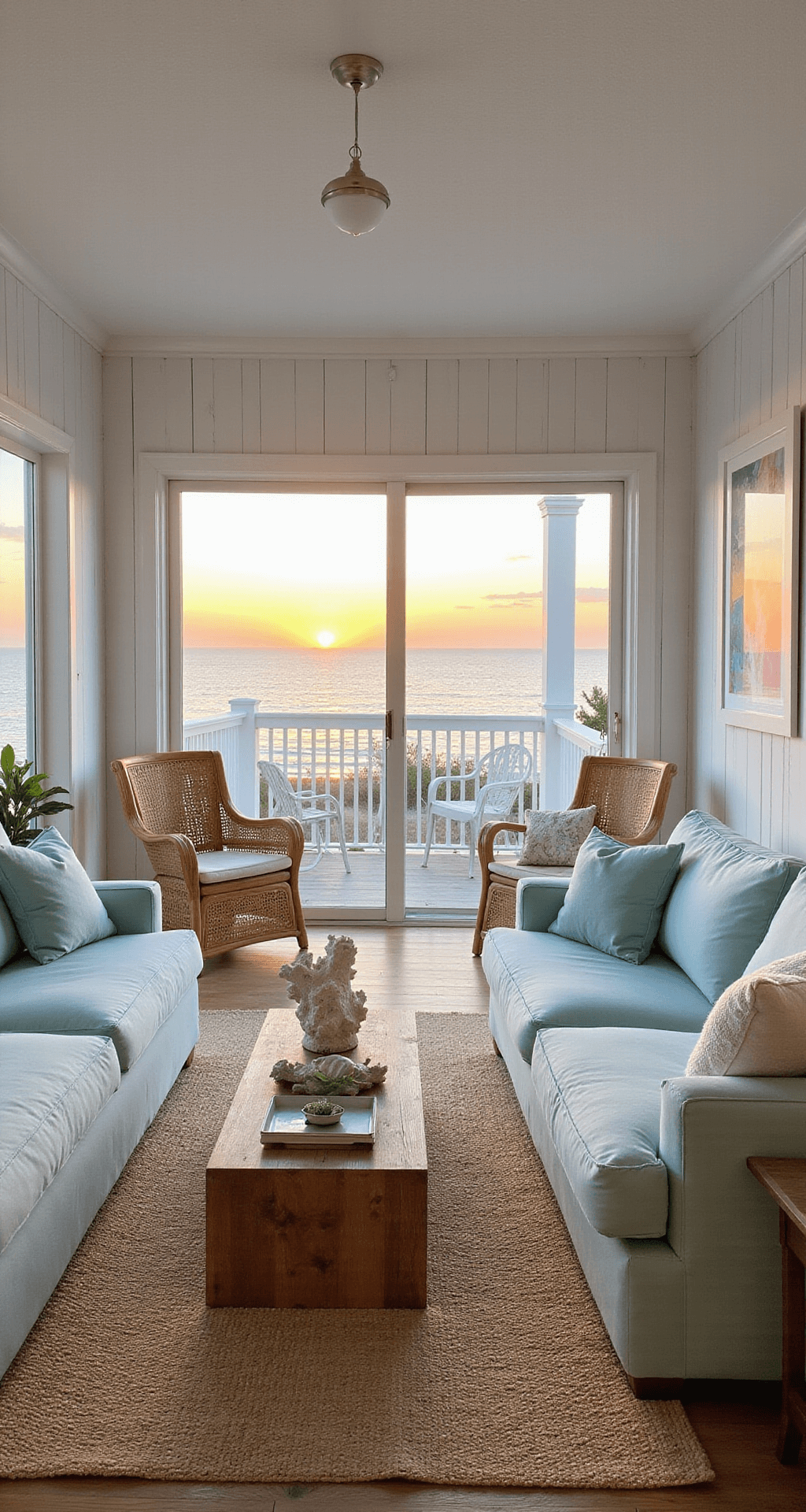 A cozy beachfront living room featuring white-washed wood paneling, pale blue sofas, and woven rattan armchairs, with a driftwood coffee table on a natural fiber rug. Sliding glass doors open to a sunset view over the ocean, illuminated by warm golden hour light and adorned with coastal decor.