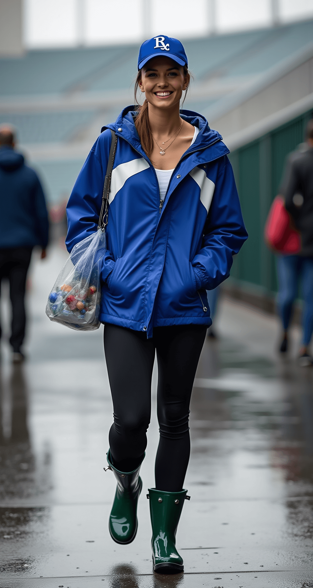 The Perfect Soccer Game Outfit: Look Amazing While Cheering on Your Team! A fashion-forward fan stands at a rainy stadium entrance, wearing a sleek royal blue and white water-resistant jacket, black performance leggings, and glossy hunter green rain boots. Their team cap is styled with a low ponytail, complemented by minimal gold jewelry. A clear stadium bag sits at their side, with rain droplets creating bokeh effects around them. The moody afternoon lighting highlights the reflections on the wet pavement.