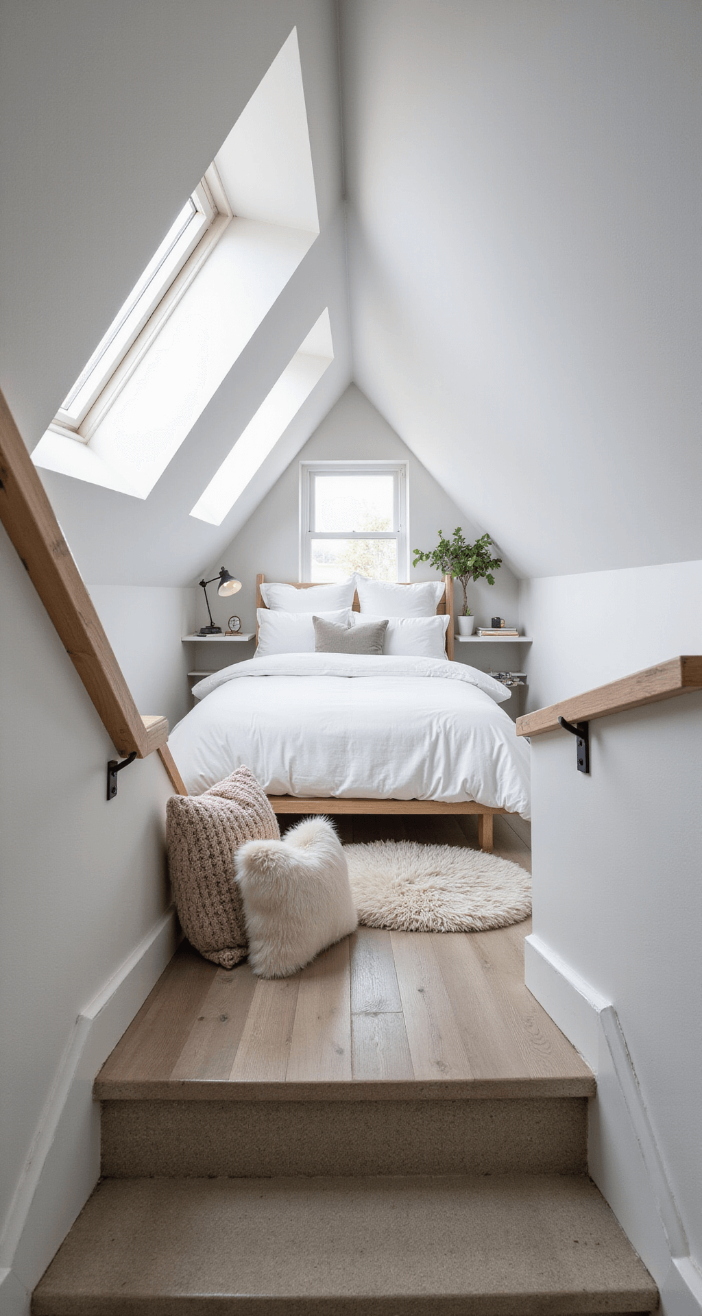 Loft bedroom in a small Bloxburg house featuring a low platform bed with white linens, floating shelves as nightstands, built-in storage in angled walls, and a small workspace in a dormer nook, all set under skylight windows with a monochromatic white and grey color scheme accented by pale blush.