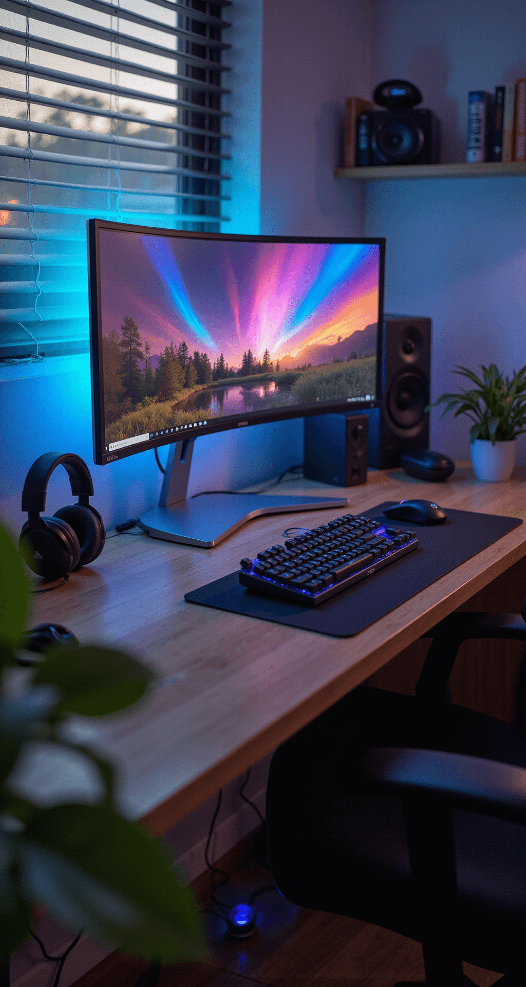 Intimate close-up of a gaming battle station featuring a curved 34