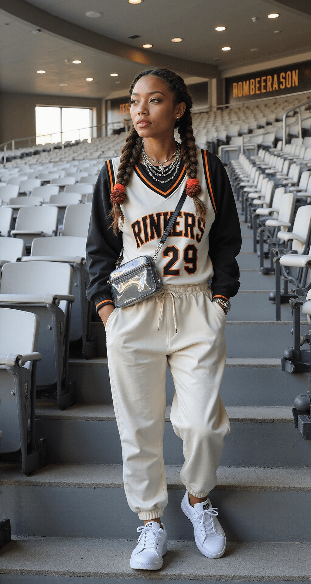 The Perfect Soccer Game Outfit: Look Amazing While Cheering on Your Team! A fan in a contemporary stadium seating area transitions between sitting and standing, wearing a relaxed-fit jersey tucked into high-waist joggers, layered delicate necklaces, casual braids adorned with team-colored scrunchies, clean white sneakers, and a crossbody clear bag. Captured from below to emphasize movement and comfort.