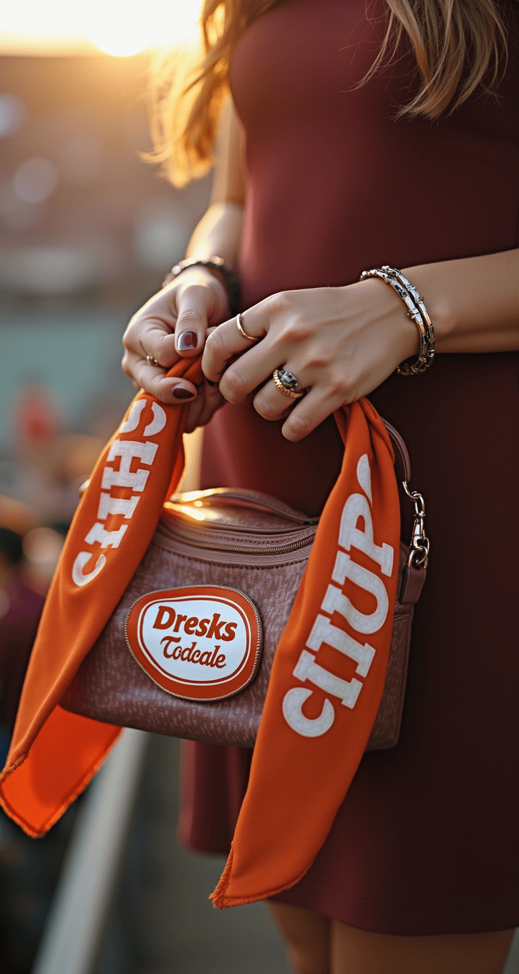 The Perfect Soccer Game Outfit: Look Amazing While Cheering on Your Team! Close-up of hands adjusting a silk team scarf on a clear stadium bag, featuring stacked rings and team-colored nail art, with a soft bokeh background of a lively crowd during golden hour.