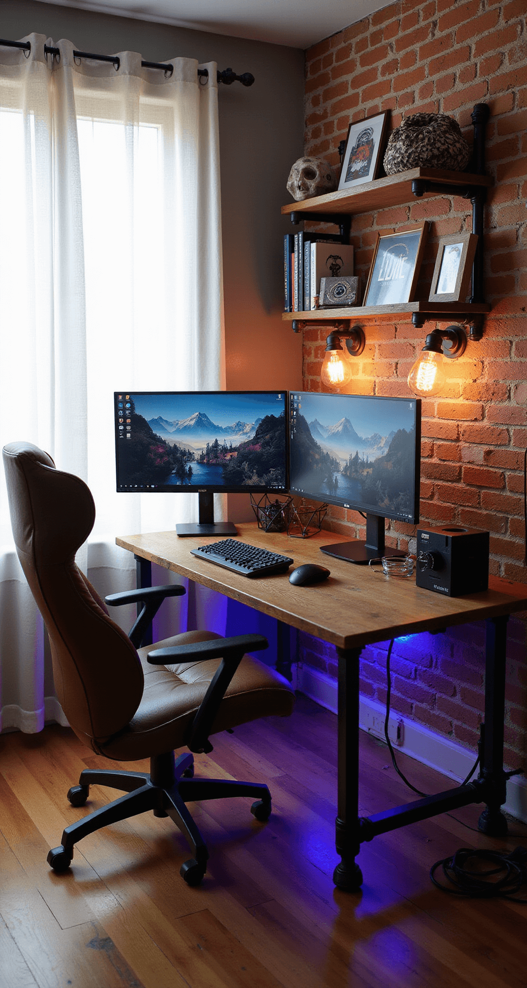 An industrial-chic gaming setup in a cozy bedroom featuring a rustic wood desk with dual monitors, black metal pipe shelving with gaming memorabilia, and a distressed brown leather gaming chair, all illuminated by morning light and a mix of Edison bulbs and RGB lighting against an exposed brick wall.