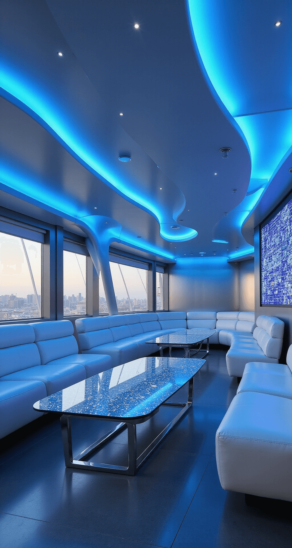 Futuristic lounge featuring sleek curved metallic walls, cool blue LED lighting, modular white leather seating with chrome details, smart glass coffee tables with holographic displays, automated window scrims, and minimalist art in lucite and steel, captured from a low angle to highlight the dynamic ceiling architecture.