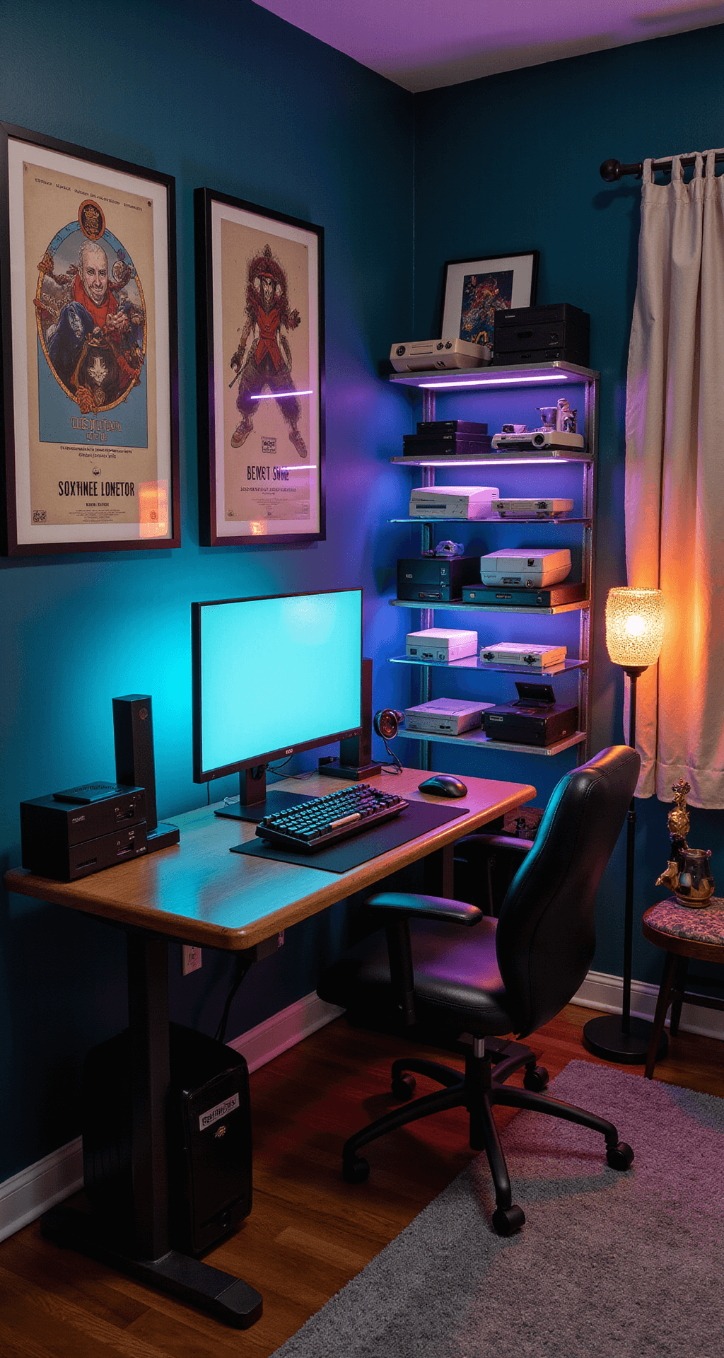 A cozy retro-modern gaming den featuring dark teal walls adorned with classic gaming posters, an industrial-style desk with a curved ultrawide monitor, illuminated glass shelving displaying vintage consoles, and a mechanical keyboard with custom keycaps, all bathed in nostalgic smart ambient lighting, captured from eye level at dusk.