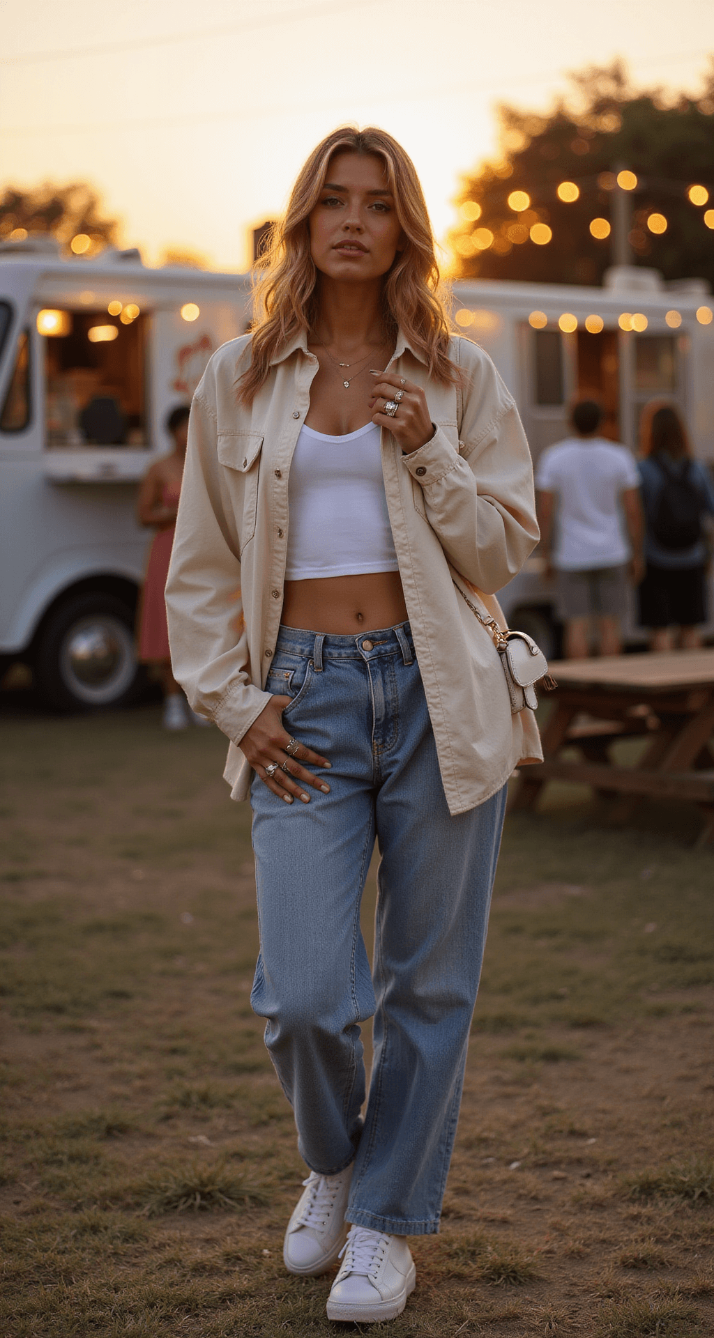 A model wearing an oversized team button-up over a white crop top and wide-leg jeans stands at a sunset tailgate, with a food truck in the background. She sports platform sneakers and carries a mini backpack, adorned with multiple delicate rings that glimmer in the golden light. The scene captures a candid moment with a bokeh effect from surrounding string lights, embodying a warm, stylish lifestyle.