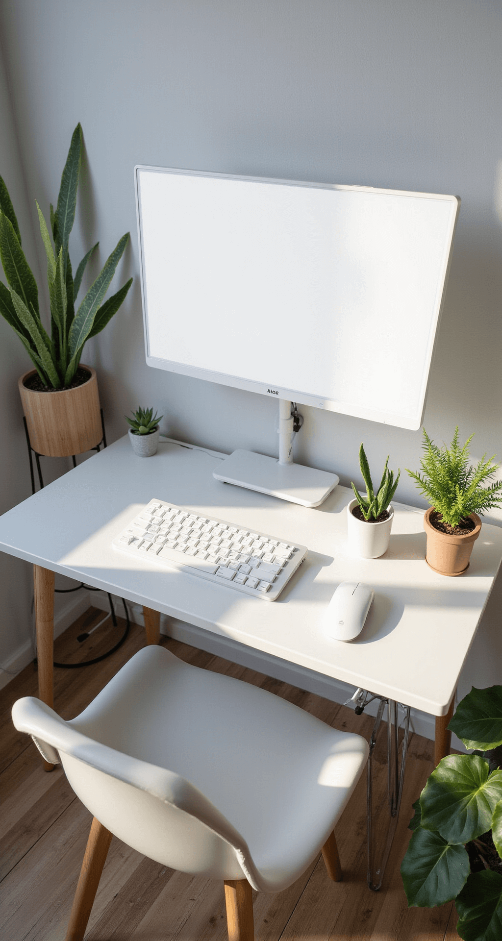 Overhead shot of a minimalist gaming setup featuring a white desk, an ultrawide monitor with backlighting, matching white peripherals, and organic touches like blonde wood and potted plants, illuminated by soft morning light casting subtle shadows.