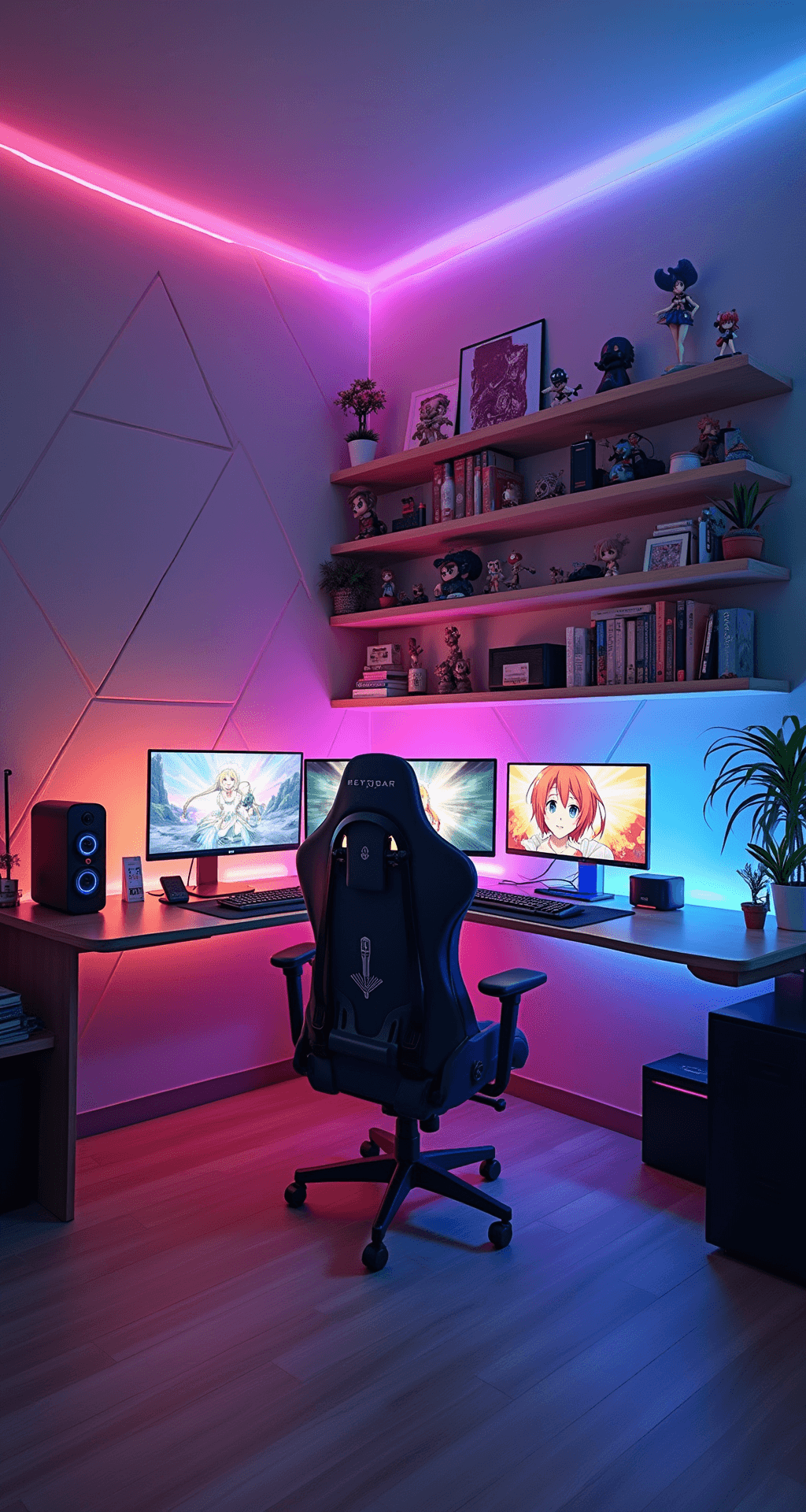 An eye-level view of a vibrant anime-themed gaming corner at twilight, featuring a custom wrap-around desk with pulsing pink and purple LED strips, dual vertical monitors with animated wallpapers, and a character-designed gaming chair. Floating shelves showcase a collection of figurines and manga, complemented by geometric wall panels with color-changing backlights, all creating an immersive and intimate atmosphere.