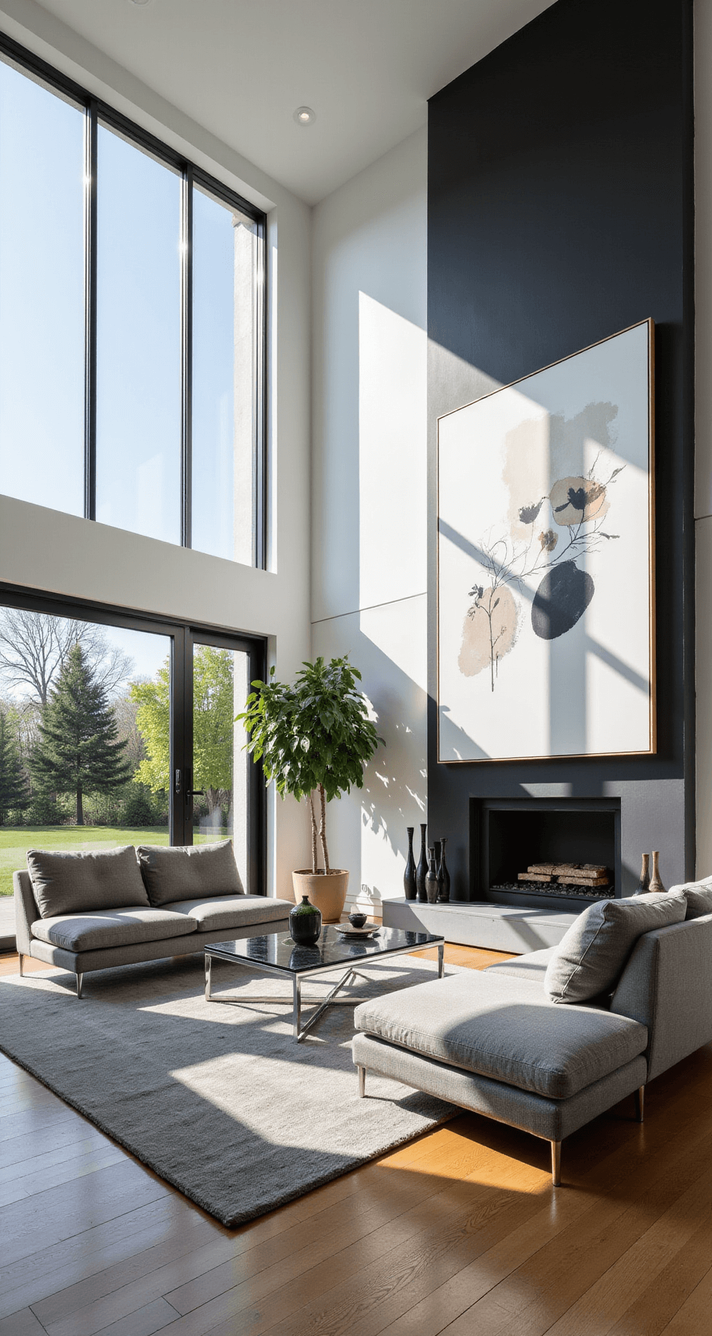 Bloxburg House Ideas: Your Ultimate Guide to Creating Dream Homes A modern living room with high ceilings featuring a grey sectional, minimalist fireplace, abstract artwork, and floor-to-ceiling windows, bathed in late afternoon sunlight, with elegant glass tables and a charcoal accent wall, enhanced by potted fiddle leaf figs.