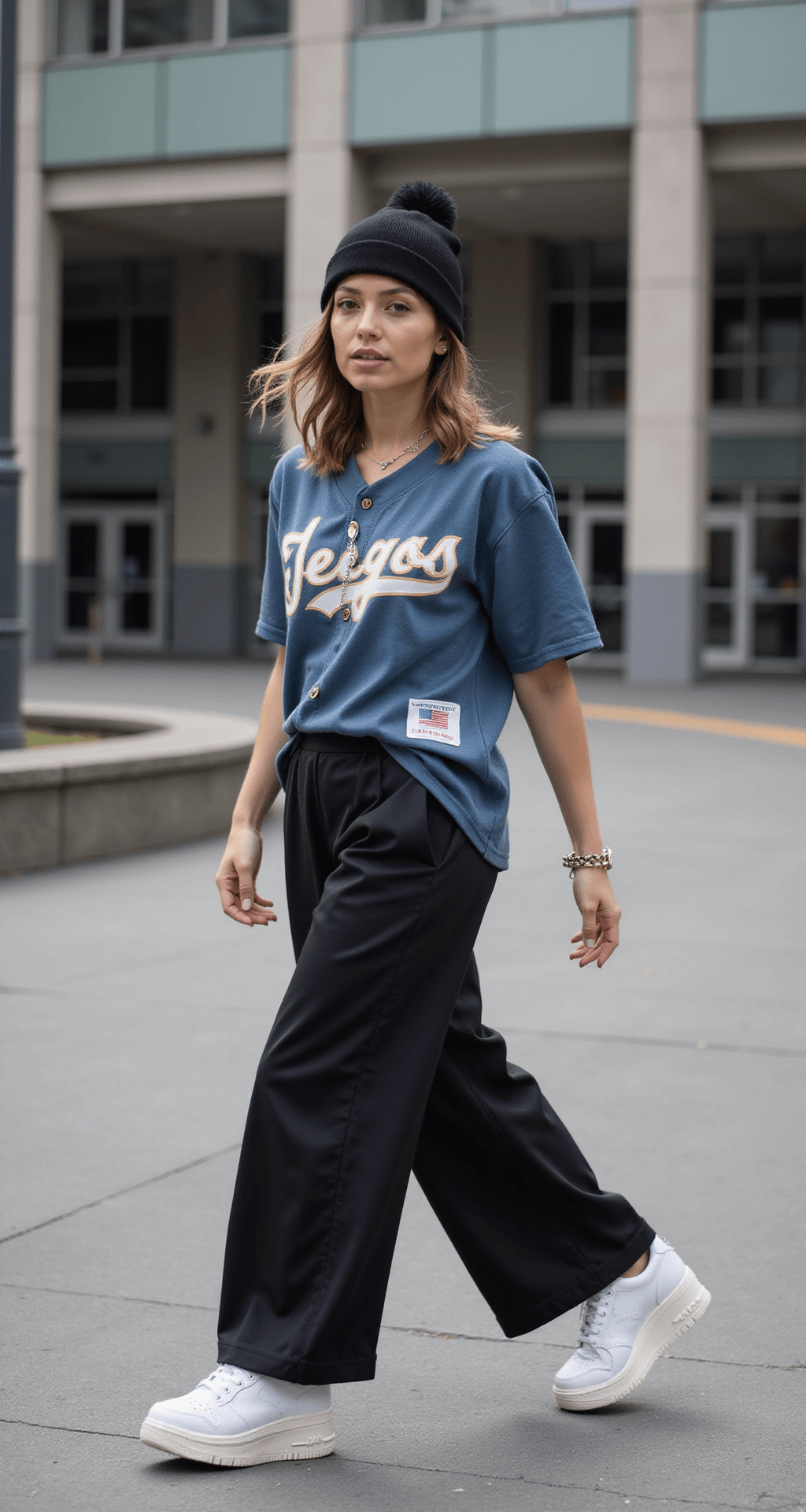 The Perfect Soccer Game Outfit: Look Amazing While Cheering on Your Team! A full-length shot of a fan in motion wearing a vintage-wash team jersey tucked into black wide-leg athletic pants, paired with white platform sneakers, a team beanie, and minimalist jewelry, set in a pre-game plaza with architectural elements and natural diffused lighting.