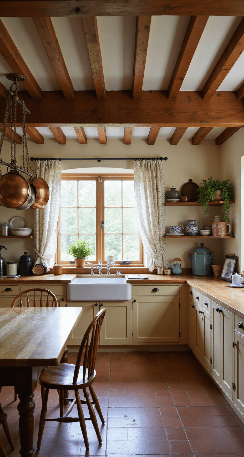 Bloxburg House Ideas: Your Ultimate Guide to Creating Dream Homes A warm and inviting cottage kitchen featuring exposed wooden beams, a farmhouse sink with a view of a herb garden, butcher block counters, open shelving with vintage crockery, and a large oak table surrounded by Windsor chairs, all bathed in soft, diffused morning light.