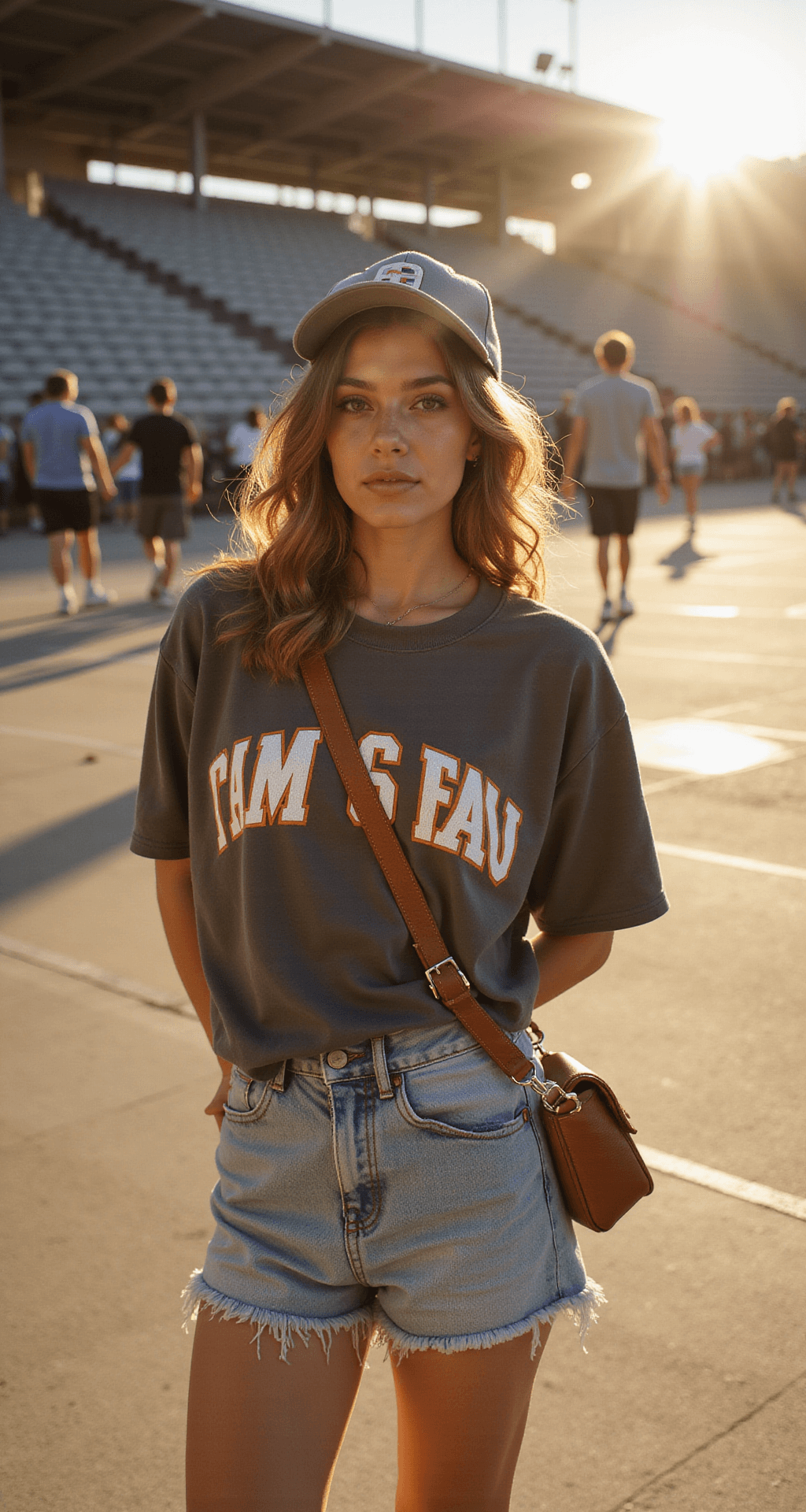 10 Cute & Comfy College Football Game Day Outfits You'll Actually Want to Wear A young woman in an oversized vintage team tee and high-waisted denim shorts stands in a sunlit college stadium concourse during golden hour, her white Nike sneakers gleaming. A vintage baseball cap casts shadows on her face, and a cognac brown leather crossbody bag hangs at her hip. The shot is taken from a low angle, showcasing the stadium's architecture in the background.