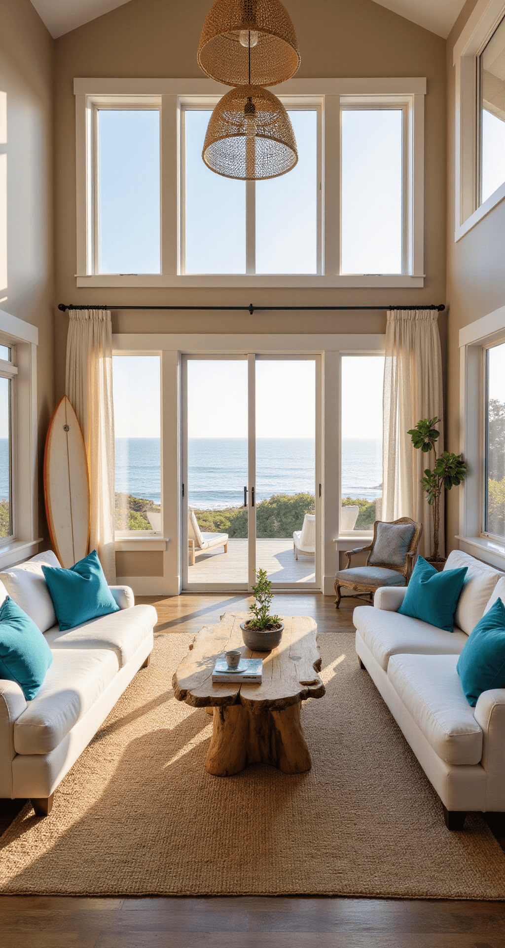 Bloxburg House Ideas: Your Ultimate Guide to Creating Dream Homes Cozy beachfront bungalow living area with vaulted ceilings and panoramic ocean views, featuring white slip-covered sofas, a driftwood coffee table, and rattan pendant lights, illuminated by warm golden hour light.