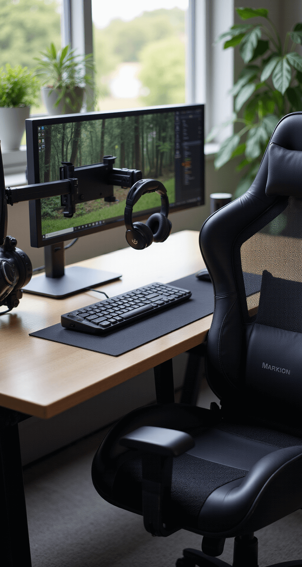 Detail shot of a meticulously arranged ergonomic gaming workspace, featuring a premium headphone stand, controller wall mounts, and an integrated wireless charging pad, with dual monitors on adjustable arms, an anti-fatigue mat under a mesh chair, soft LED bias lighting, and touches of plant life for a professional and refined atmosphere.