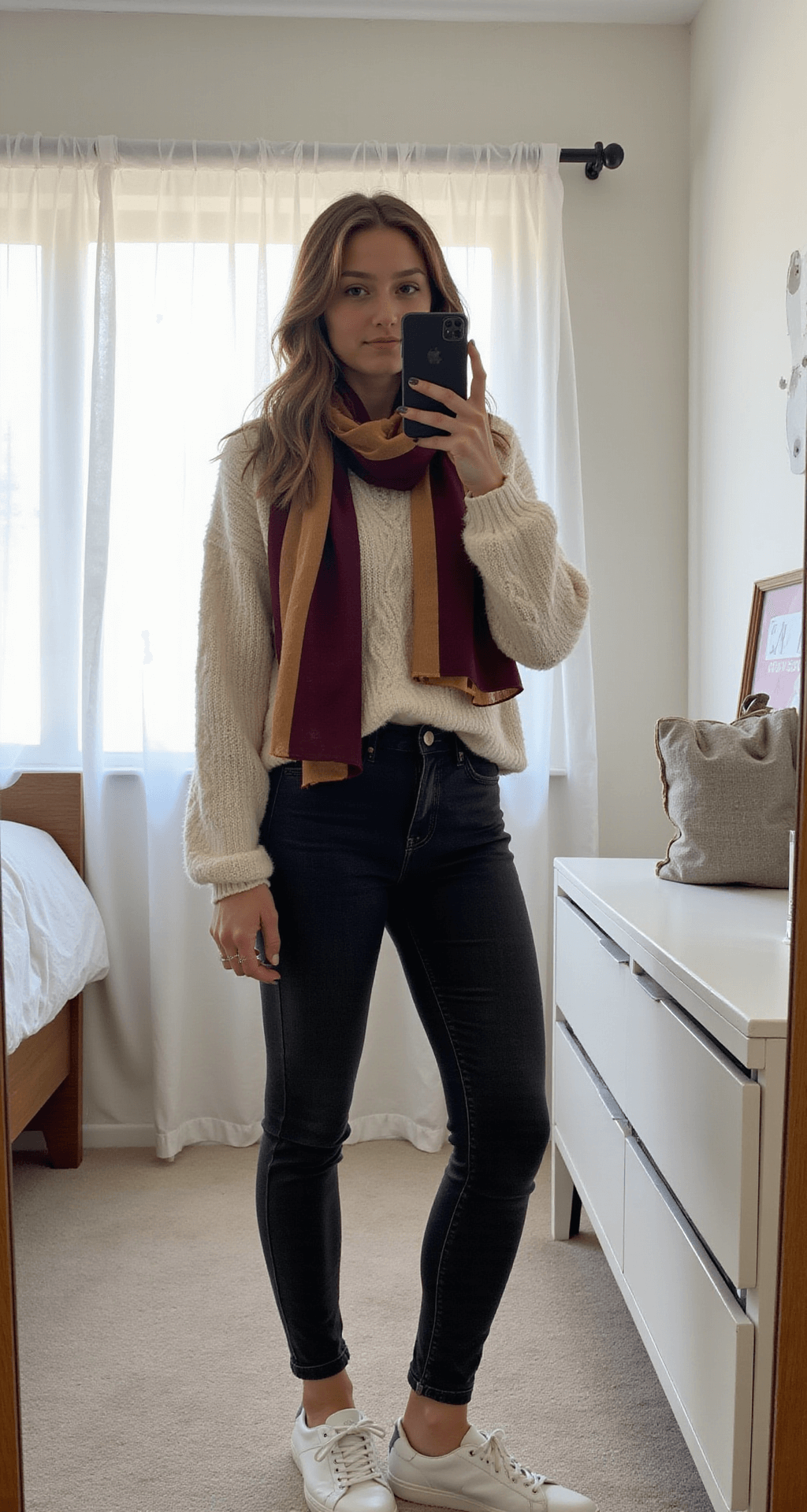 10 Cute & Comfy College Football Game Day Outfits You'll Actually Want to Wear A modern minimalist dorm room bathed in soft morning light, featuring a student in a monochrome outfit with black high-rise skinny jeans, a cream cable-knit sweater, and a burgundy and gold silk scarf. The scene includes a mirror selfie setup with an iPhone on the dresser, highlighting textural contrasts in a clean aesthetic.