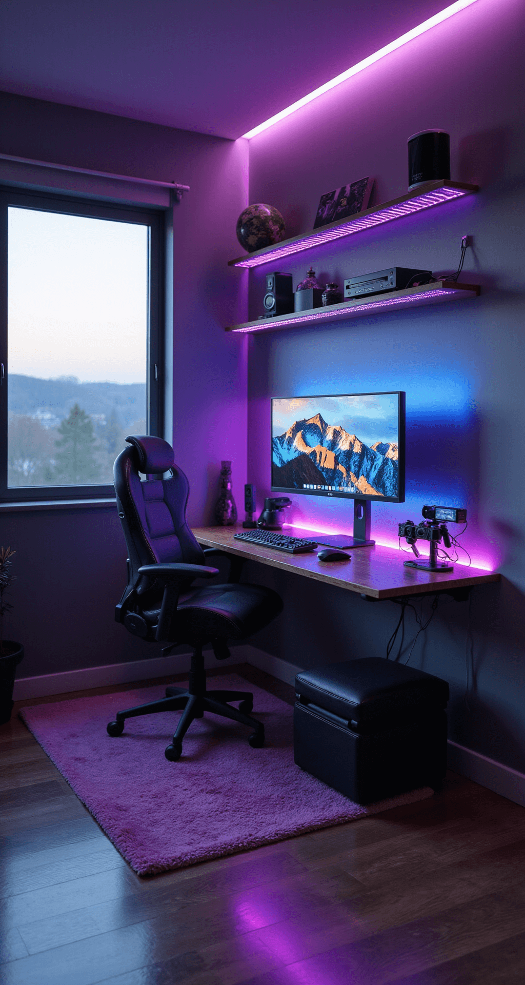 A compact gaming room with soft evening light, featuring a wall-mounted desk with a curved ultra-wide monitor, RGB LED strip lighting in purple and blue, an ergonomic gaming chair, and floating shelves with collectibles, all in a monochromatic grey color scheme with neon accents.