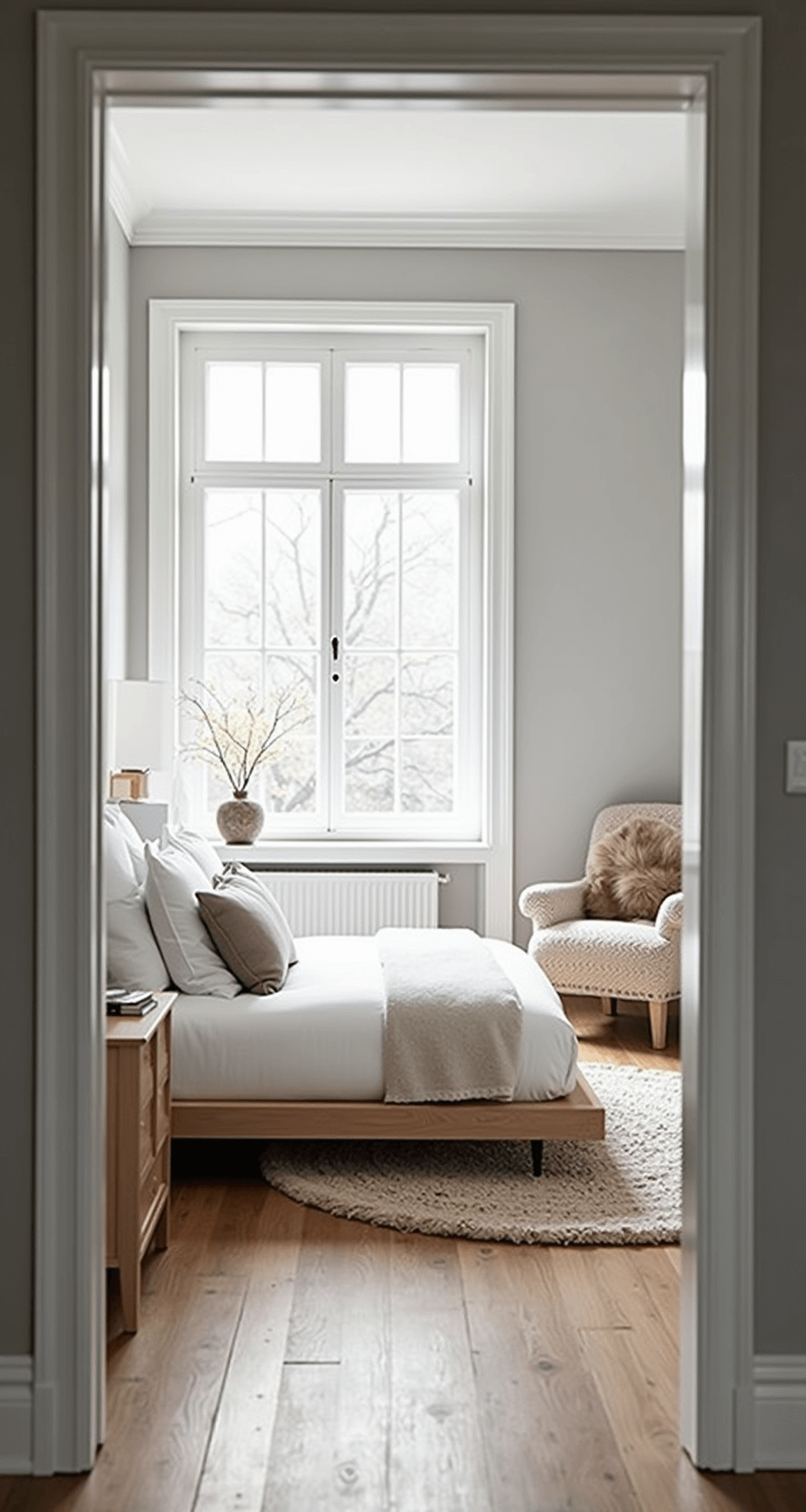 Bloxburg House Ideas: Your Ultimate Guide to Creating Dream Homes A serene Scandinavian-inspired bedroom featuring a low platform bed with white linens, flanked by light wood nightstands and ceramic lamps. A cozy reading nook with a sheepskin-draped armchair is visible. The room has pale grey walls, white trim, and woven textures in rugs and throw pillows, all bathed in soft morning light from a large picture window.