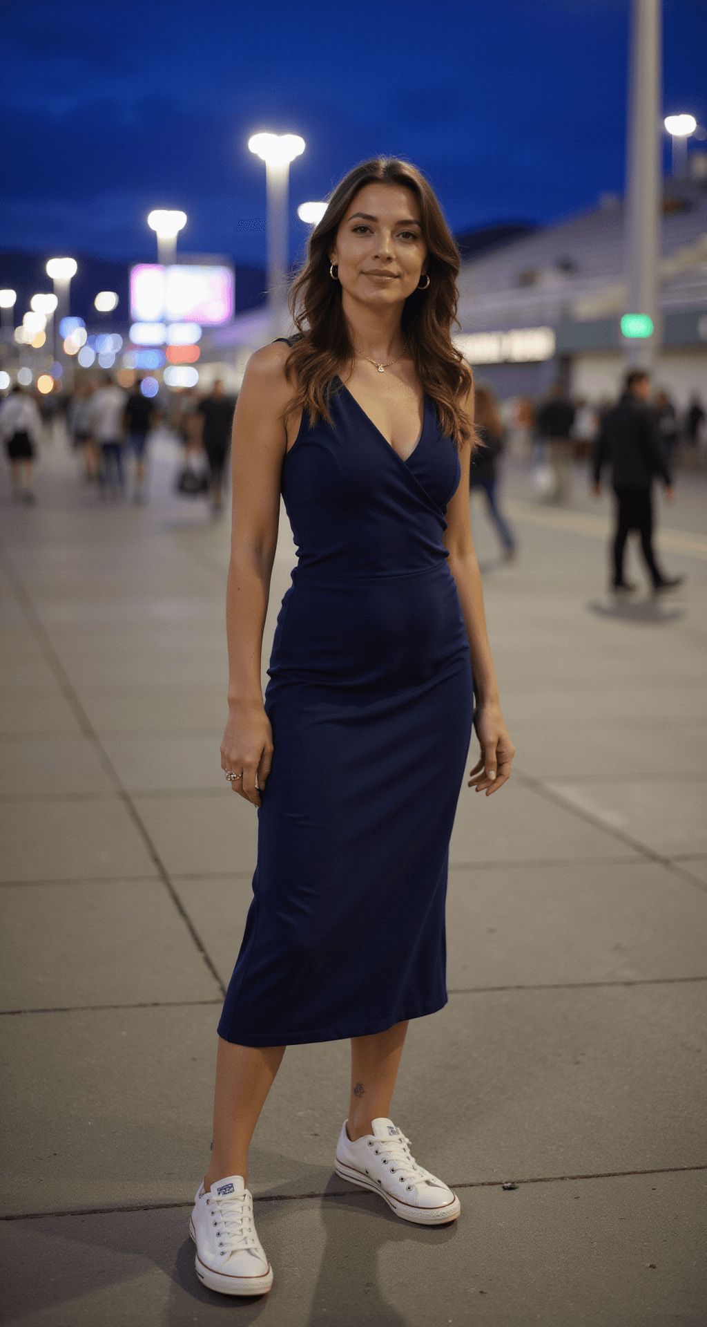 10 Cute & Comfy College Football Game Day Outfits You'll Actually Want to Wear An elegant individual in a structured navy midi dress and white retro sneakers stands in a bustling stadium plaza at blue hour, with delicate gold jewelry glimmering in ambient light. The shot captures a street-level perspective with blurred stadium lights creating a bokeh effect in the background.