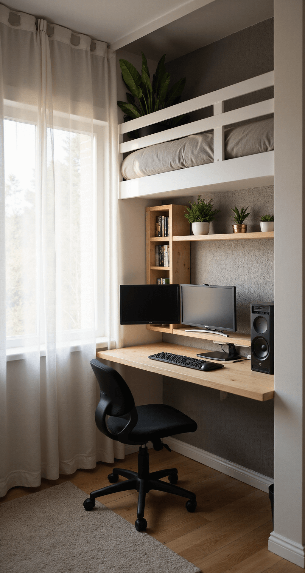 A cozy gaming nook in a bedroom corner, featuring a loft bed and built-in desk with dual monitors, modular shelves, and potted plants, all illuminated by soft morning sunlight filtering through sheer curtains.