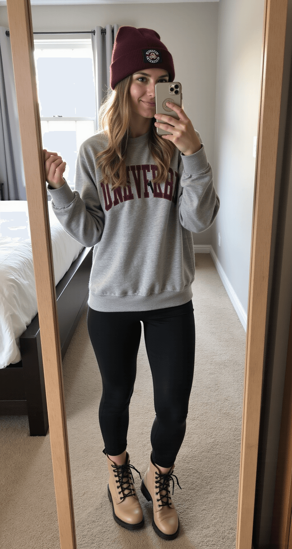 10 Cute & Comfy College Football Game Day Outfits You'll Actually Want to Wear A person in a cozy bedroom wearing an oversized heather grey university sweatshirt over black leggings, paired with chunky beige combat boots and a maroon beanie, poses casually by a full-length mirror in soft overcast light.