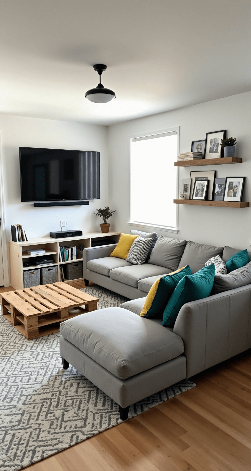 Bloxburg House Ideas: Your Ultimate Guide to Creating Dream Homes A modern family room featuring an L-shaped grey microfiber sectional, a pallet coffee table, and colorful throw pillows, illuminated by mid-day light. White walls adorned with family photos and floating shelves add to the comfort and practicality of the space.