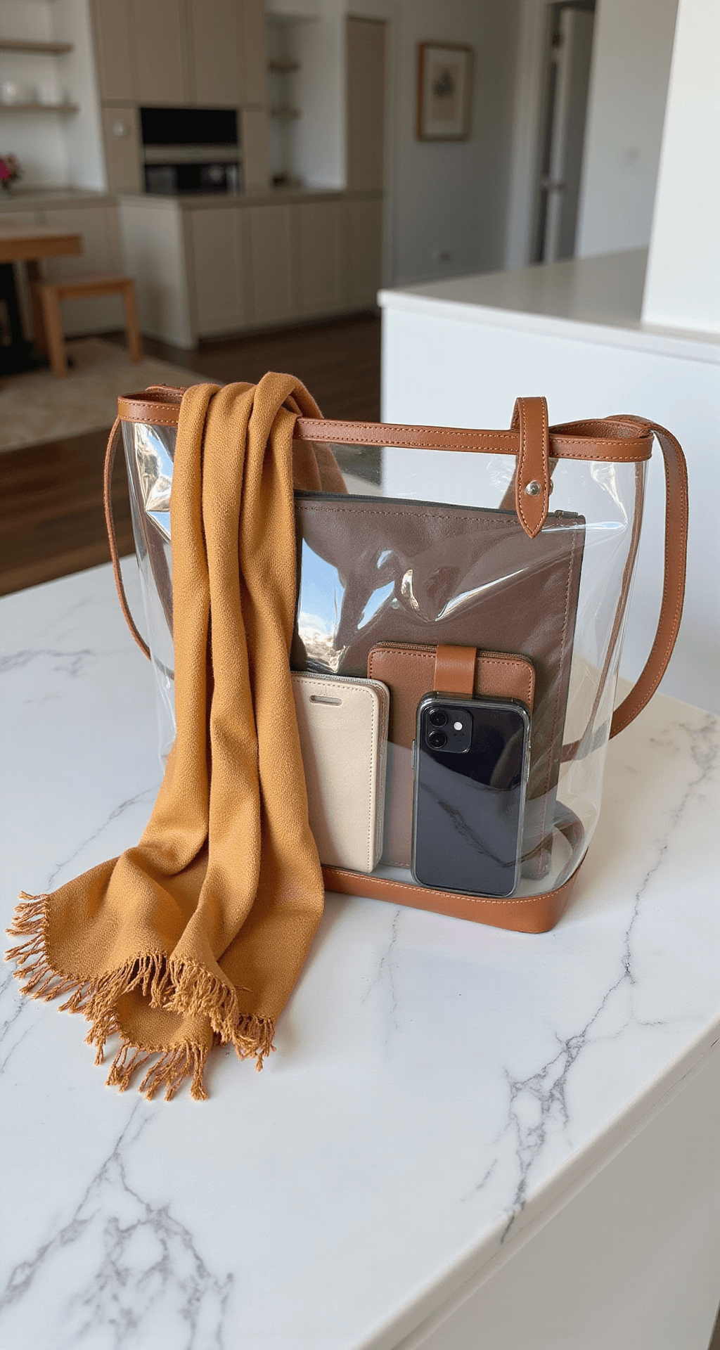 10 Cute & Comfy College Football Game Day Outfits You'll Actually Want to Wear Close-up detail of a transparent stadium-approved bag with leather trim on a white marble entry table, showcasing a team color silk scarf, minimal wallet, phone, and game day essentials in bright midday lighting.