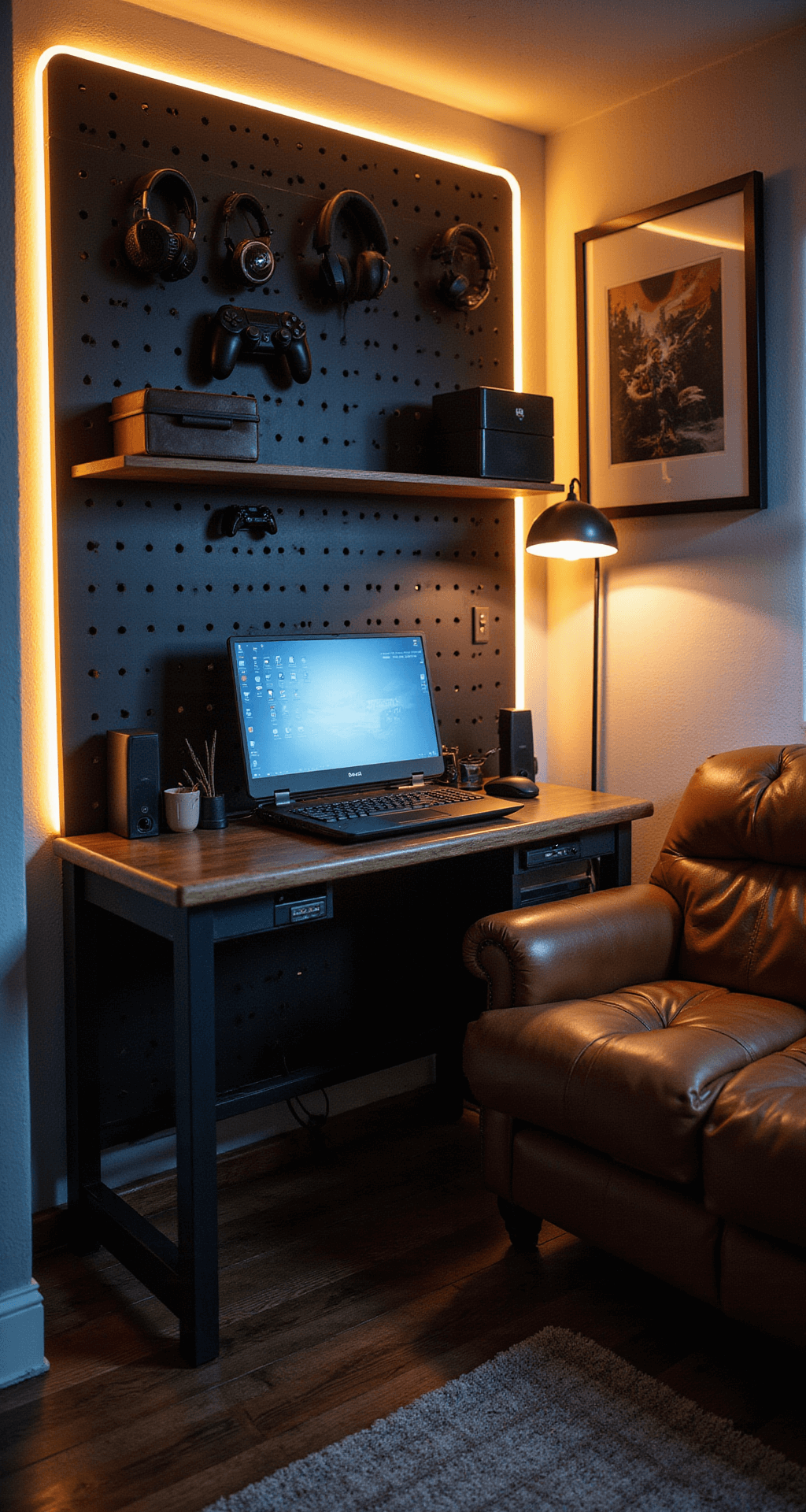 A cozy gaming den in a 6x8ft alcove featuring a wall-mounted fold-down desk with a gaming laptop and mechanical keyboard, surrounded by a pegboard displaying headphones and artwork. A small loveseat with storage sits nearby, illuminated by warm LED strips and an arc floor lamp, all in a deep navy and cognac leather color scheme with brass accents, and a textured area rug underfoot.