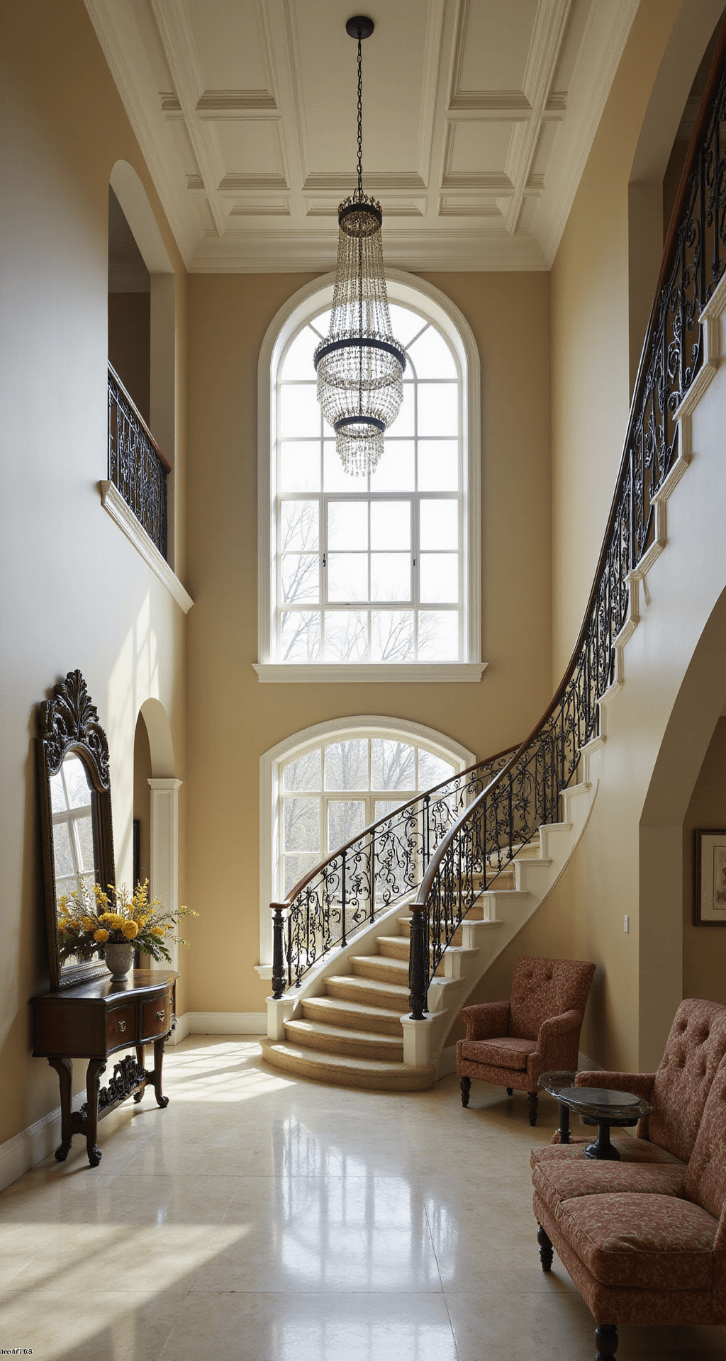 Bloxburg House Ideas: Your Ultimate Guide to Creating Dream Homes A grand two-story foyer with a 20-foot ceiling, featuring a sweeping staircase with wrought iron balusters, marble floors, and a crystal chandelier. Late morning light illuminates the space through a large arched window, highlighting a console table with a mirror and fresh flowers. The perspective is from the base of the stairs, emphasizing the impressive height and elegance of the room.