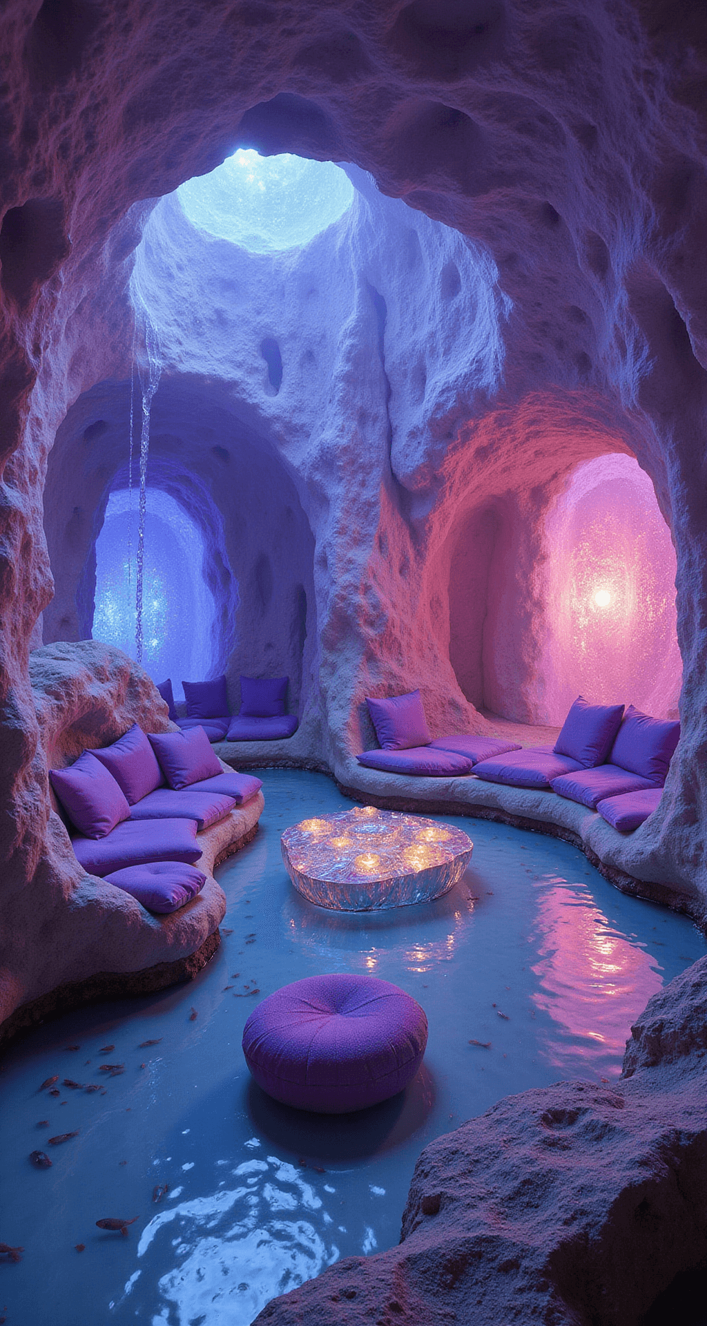 Bloxburg House Ideas: Your Ultimate Guide to Creating Dream Homes A high-angle view of a fantastical crystal cave living room, featuring glowing crystal formations, amethyst geode seating with plush cushions, a cascading water feature, iridescent glass coffee tables, and a reflective pool floor with swimming fish, all under an enchanting and surreal light atmosphere.