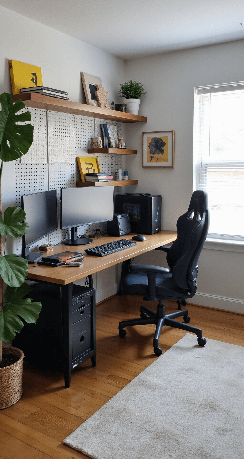 A bright multi-functional home office/gaming room featuring a custom L-shaped desk with a gaming setup and laptop docking station, sleek gaming chair, floating bookshelves, and a fiddle leaf fig plant, all in a black and white color scheme with yellow accents. High angle shot from the corner captures the room's layout and bright lighting.