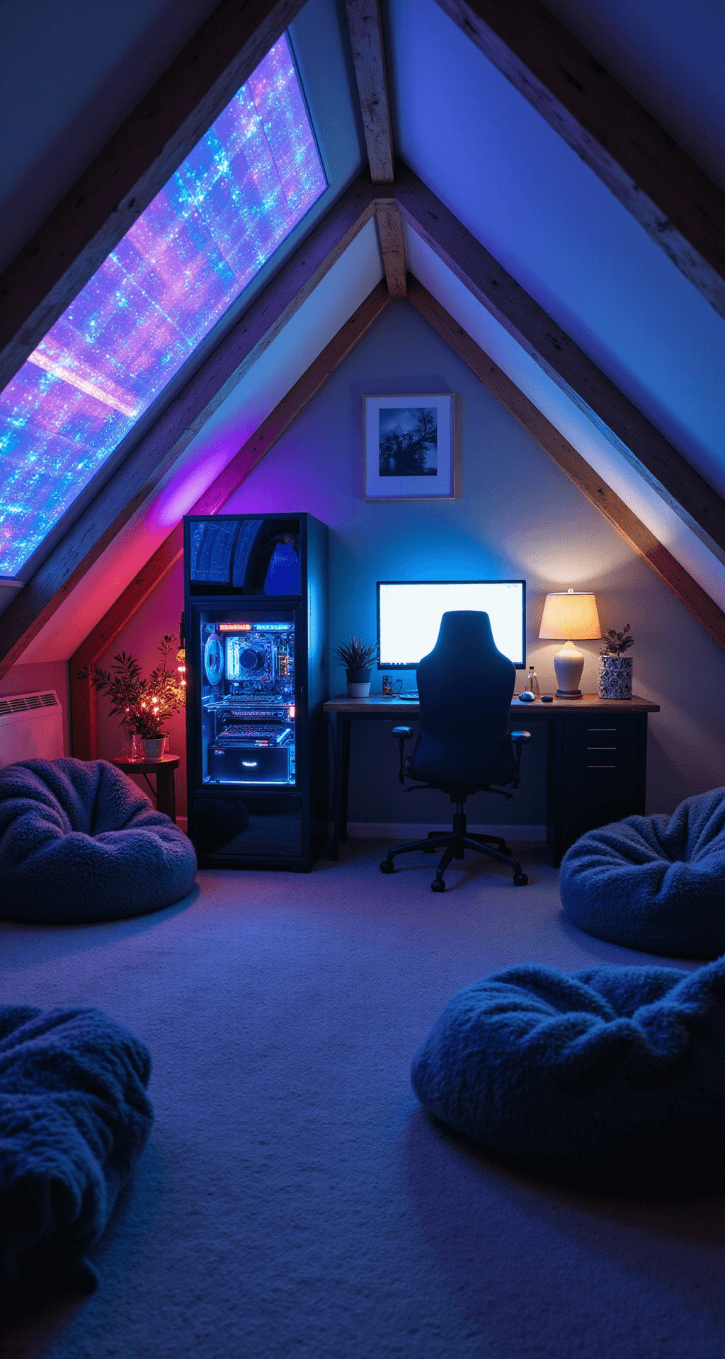 A cozy attic gaming loft at dusk, featuring a custom-built gaming station with a powerful PC and UV-reactive components, surrounded by Nanoleaf light panels on the slanted ceiling, bean bag chairs, cool greys and electric blue decor, exposed wood beams, faux fur throws, and dramatic side lighting that highlights the unique architecture.