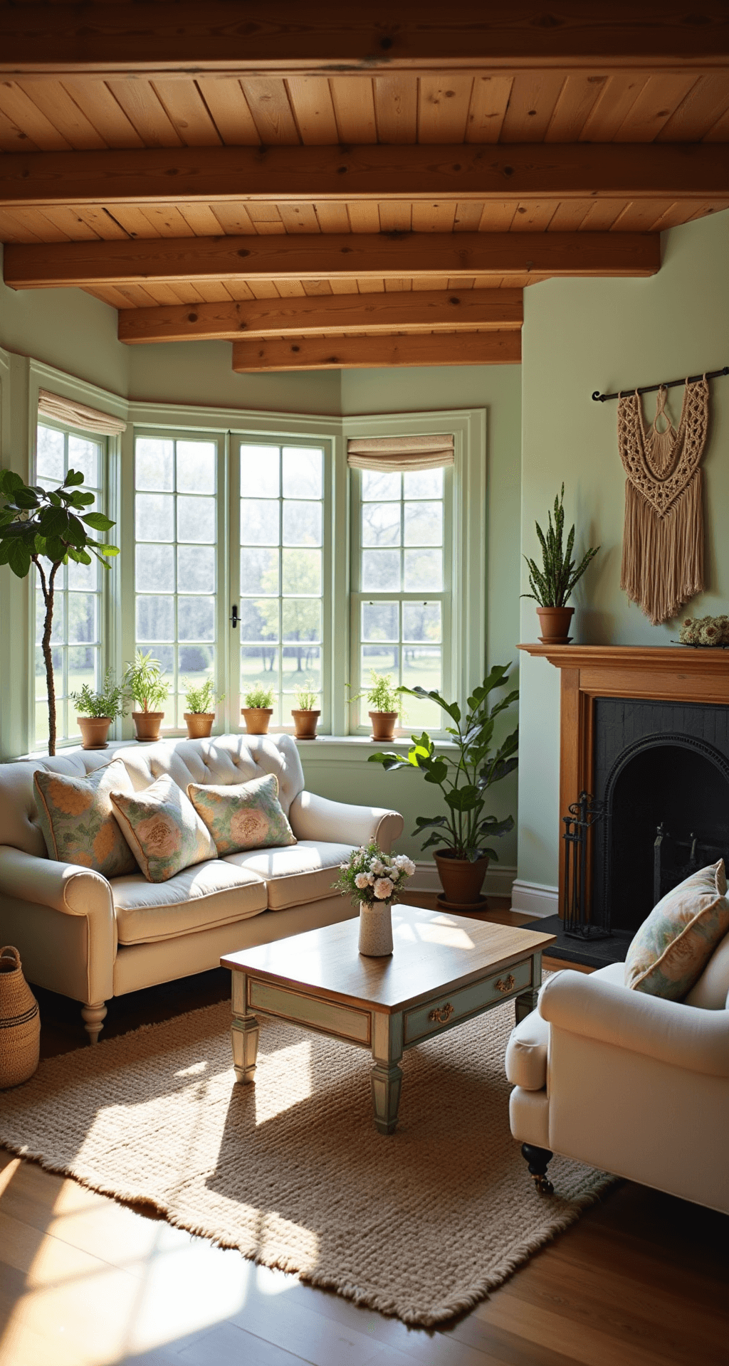 A sunlit Bloxburg cottage living room featuring exposed wooden beams, a large bay window, a plush cream sofa with pastel pillows, a distressed wood coffee table, and a rustic fireplace with a macramé wall hanging, all set against soft mint walls.